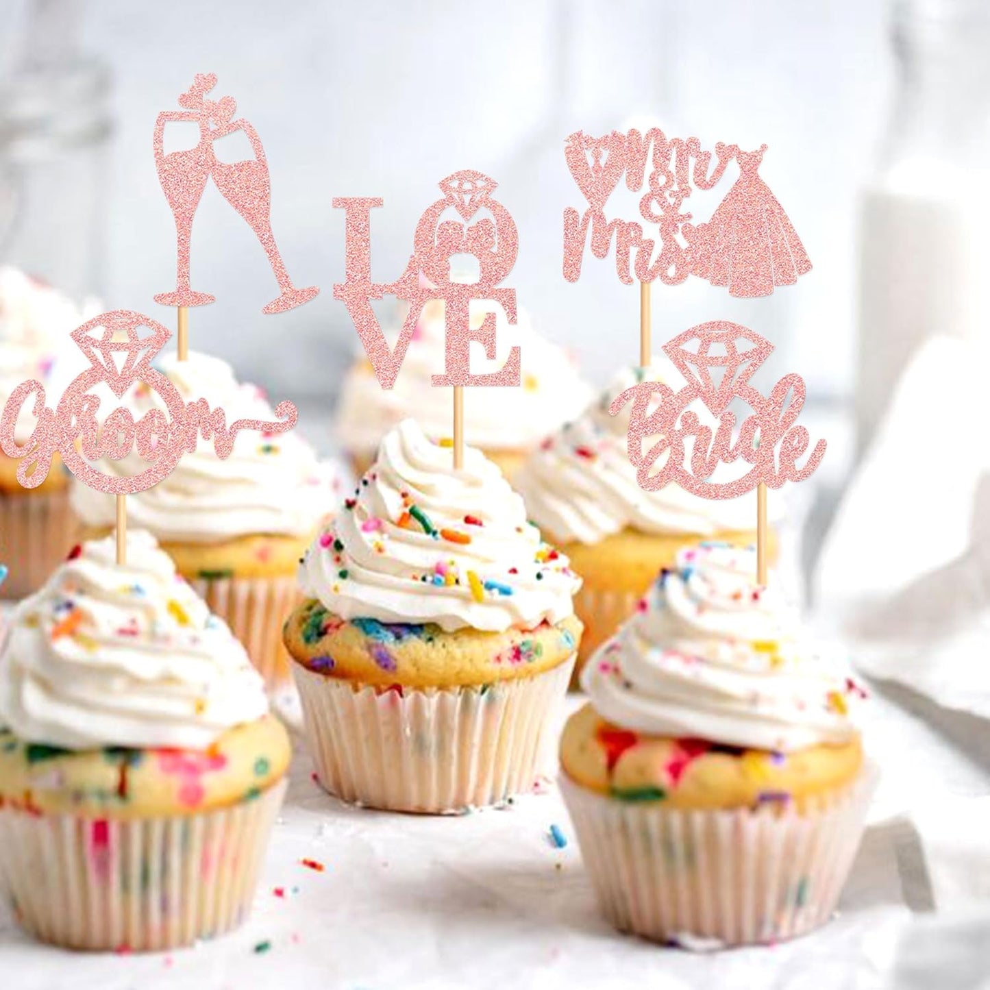 25 PCS Bride to Be Groom to Be Cupcake Toppers with Ring Dress Bridal Shower Cupcake Picks Wedding Engagement Anniversary Party Cake Decorations Supplies Rose Gold