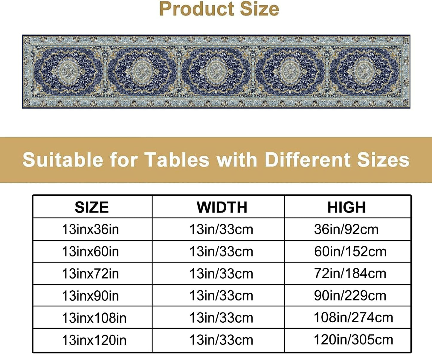 Boho Bohemia Style Blue Teal Table Runner, Country Rustic Farmhouse Magical Abstract Print Pattern for Home Kitchen Table Decor Dining Coffee Room Garden Party Decor 13x120in