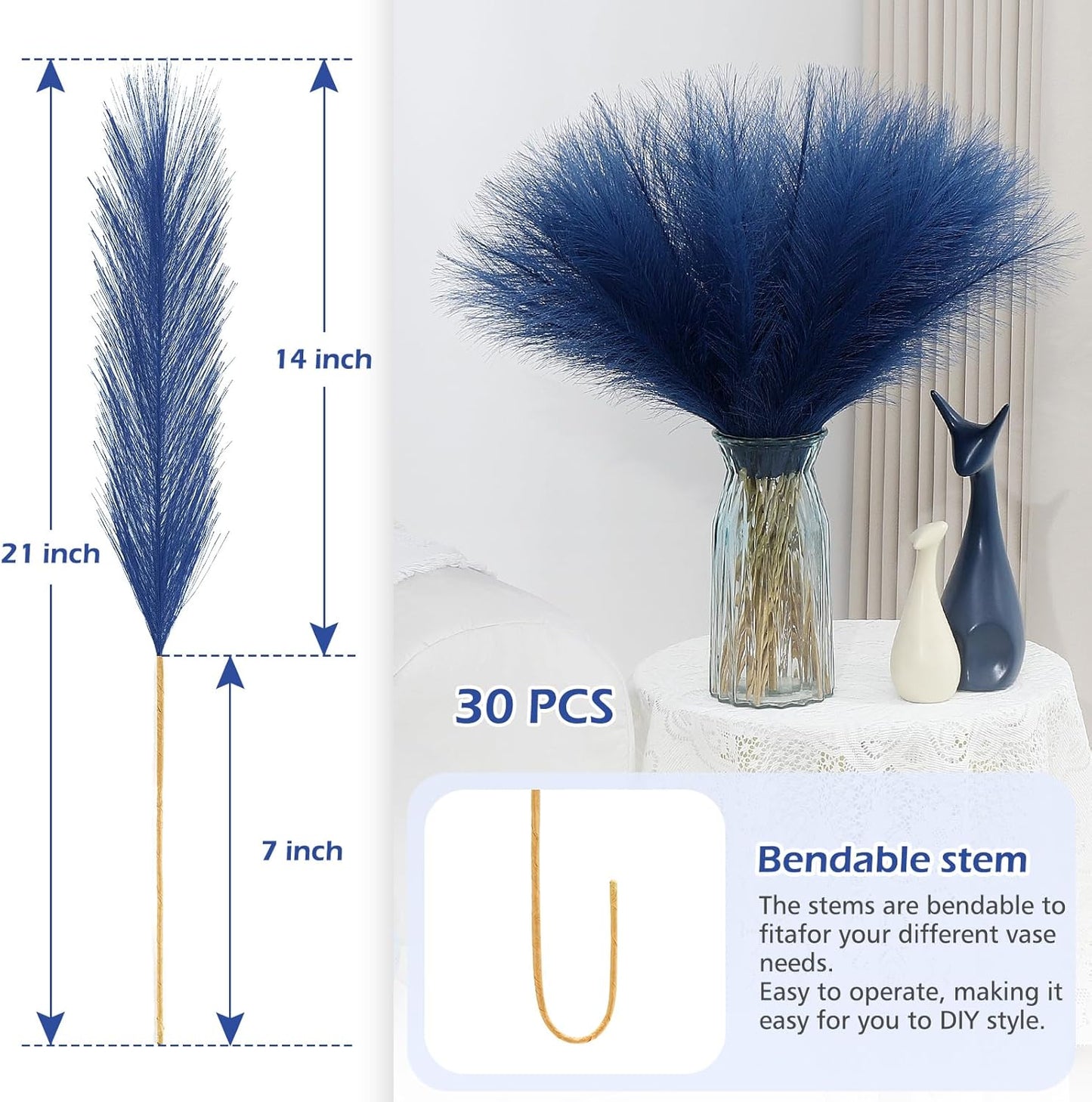 Blue Pampas Grass Decor 30 Pcs 21.7 Inch Faux Pampas Grass Bulk Artificial Dried Flowers Small Vase Filler Pompas Grass.
