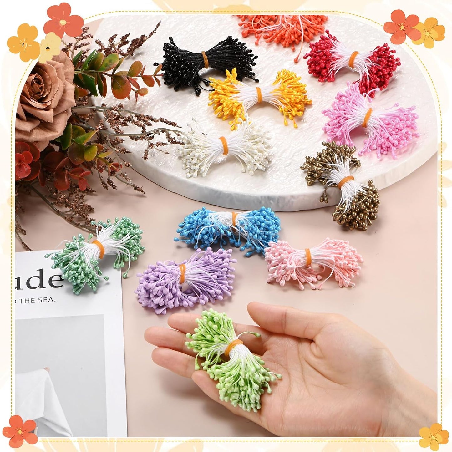 600-Pack Flower Stamens for Crafts, 5mm Double Heads Artificial Pearl Floral Pistil Mini Flower Pollens Stamens for DIY Making/Wedding/Scrapbook Decoration [Orange Pink]