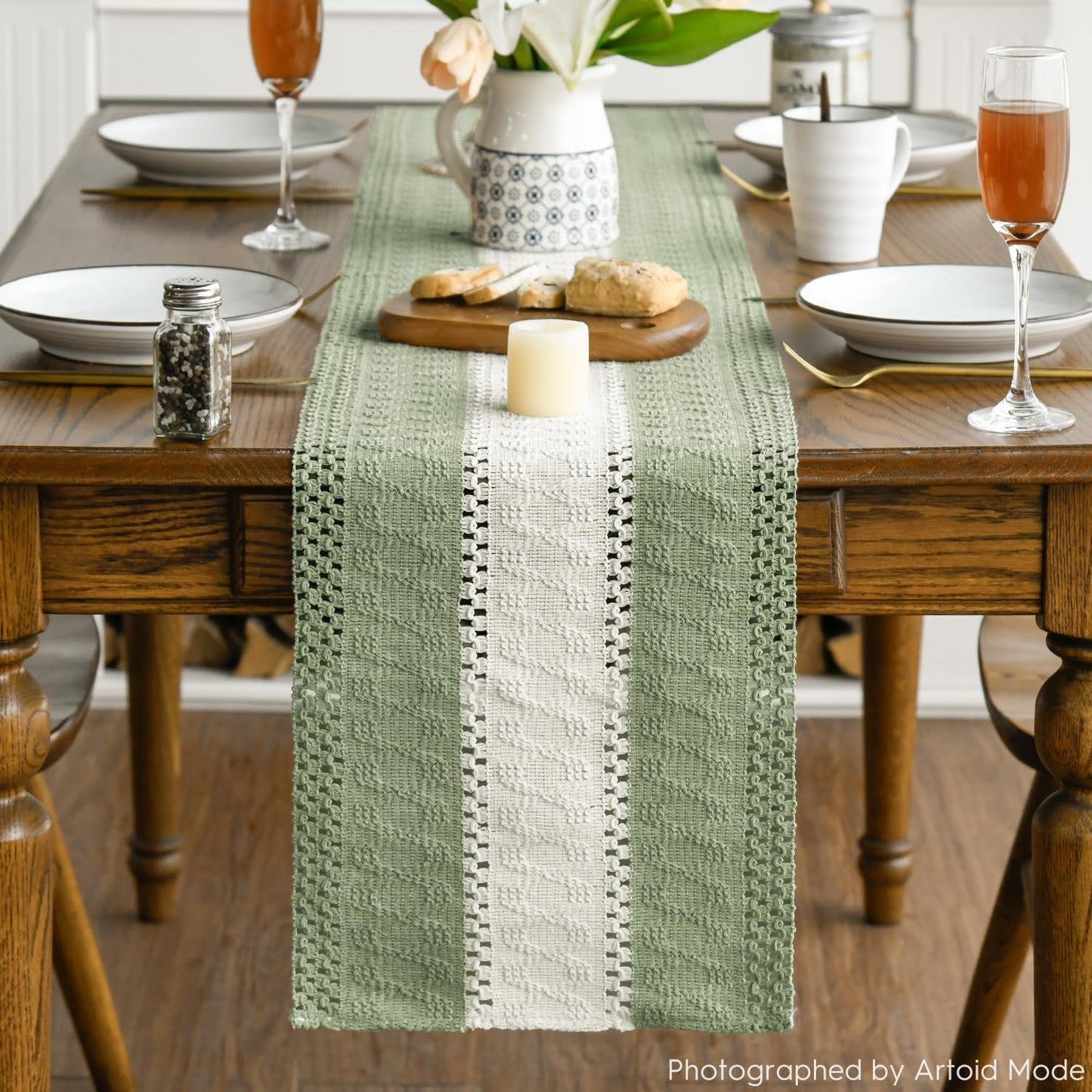 Artoid Mode Light Green Farmhouse Rustic Table Runner, Seasonal Hollow Kitchen Dining Table Decoration for Home Party Decor 12x72 Inch