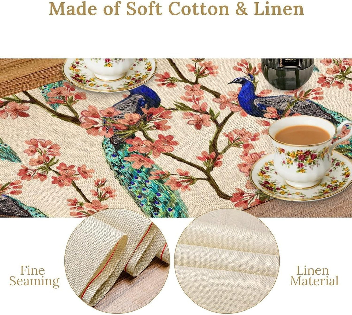 Peacock Table Runner,Spring Floral Peacock Birds Table Runner for Home Kitchen Dining Party Indoor Outdoor Decoration 13x108 Inch