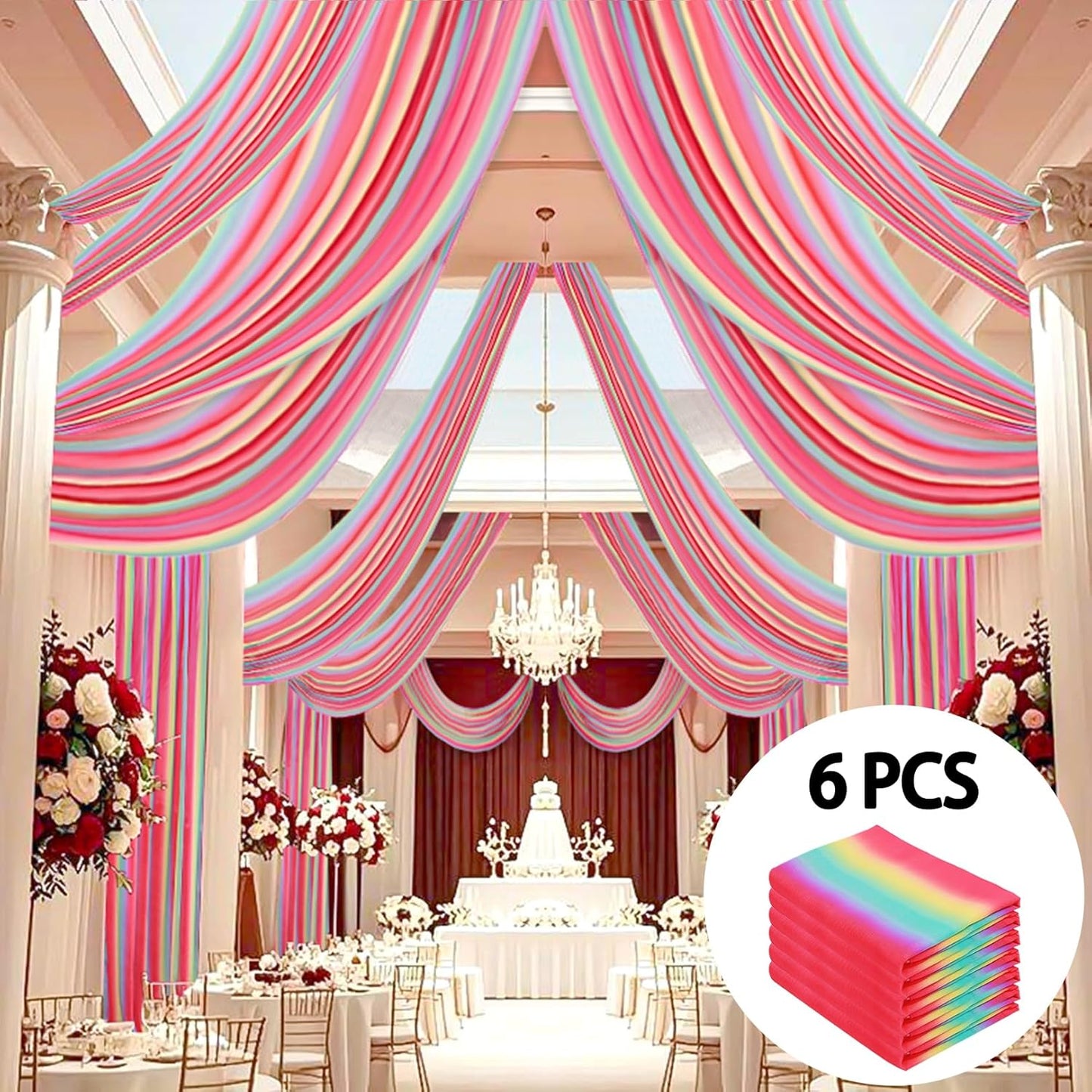 DUOBAO Rainbow Chiffon Ceiling Drapes 59''x20FT 6 Panels Sheer Arch Draping Fabric for Event Party Supplie, Baby Shower Photo Booth Background Supplies, Colorful Backdrop