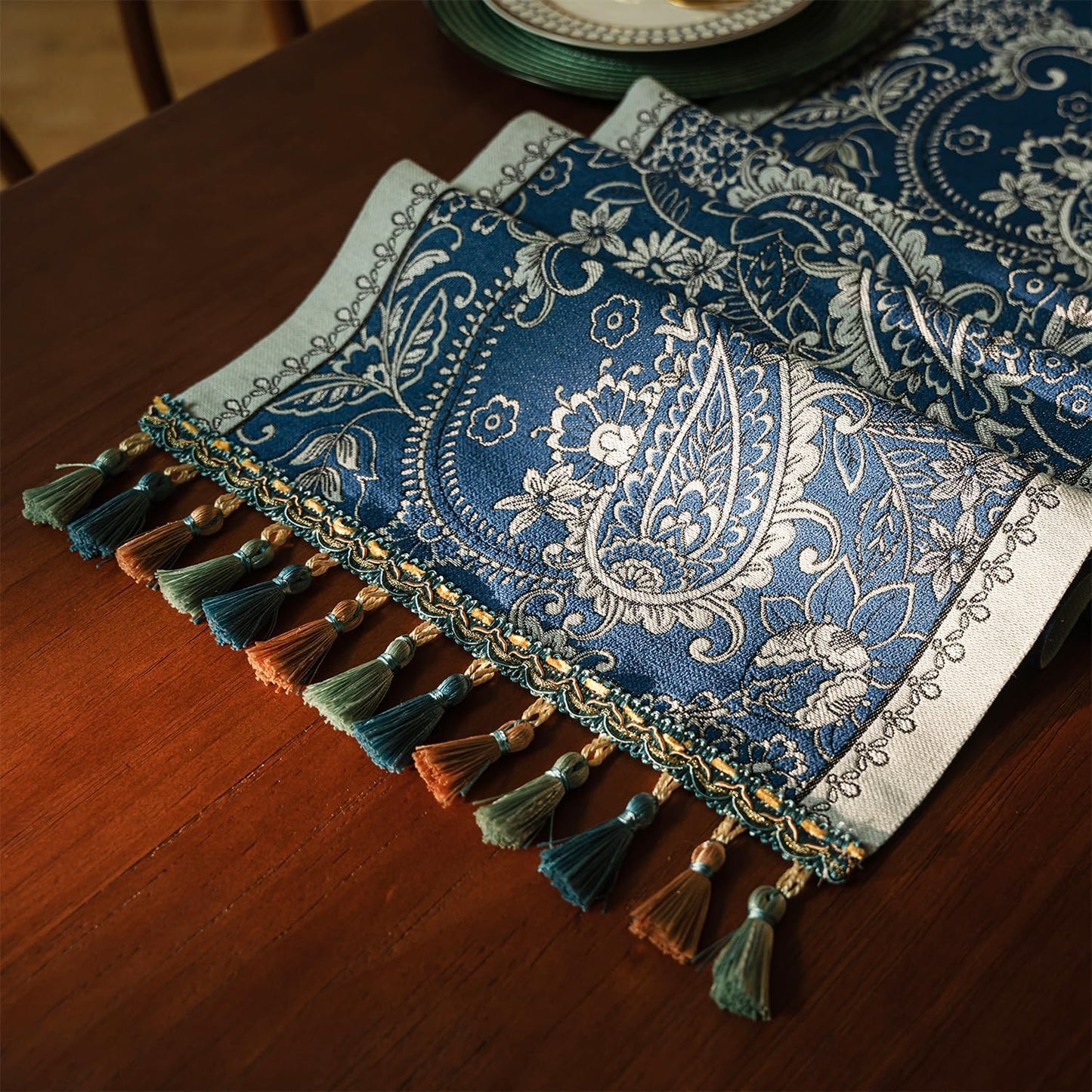 13×72 Inch Table Runner, Retro-Luxury Tassels Series for Kitchen Dining Table Holiday Decoration (Blue Pheonix)