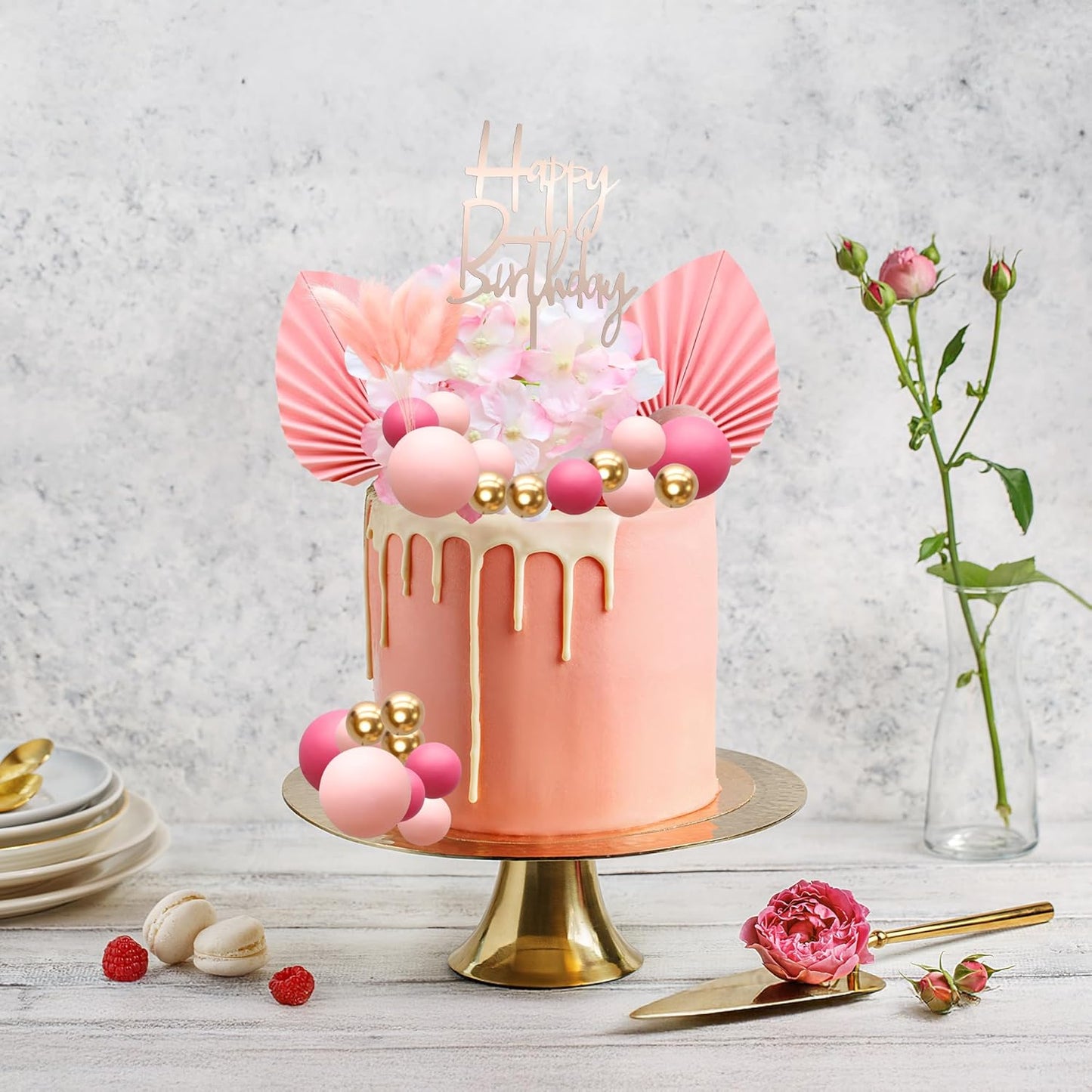 Gyufise 29Pcs Rose Red Artificial Flower Cake Decorations Acrylic Happy Birthday Cake Topper Balloon Cake Toppers Palm Fan Cake Picks for DIY Wedding Birthday Valentine's Day Party Supplies