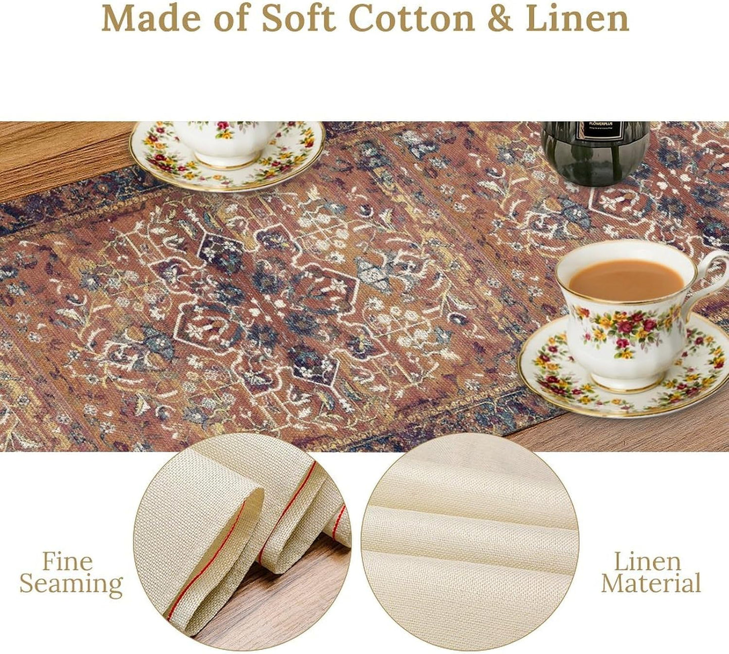 Boho Floral Vintage Table Runner, Purple Brown Retro Flower Rustic Country Farmhouse Abstract Pattern for Home Kitchen Table Decor Dining Coffee Room Party Decor 13x36in