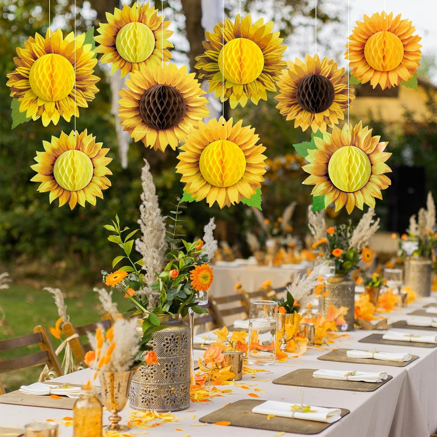 SUNBEAUTY 9 PCS 10 Inches Sunflower Decorations for Party 3D Large Honeycomb Hanging Paper Decorations Birthday Yellow Ceiling Wall Tissue Flowers Summer Fall Sunflower Farm Paper Flowers Decorations