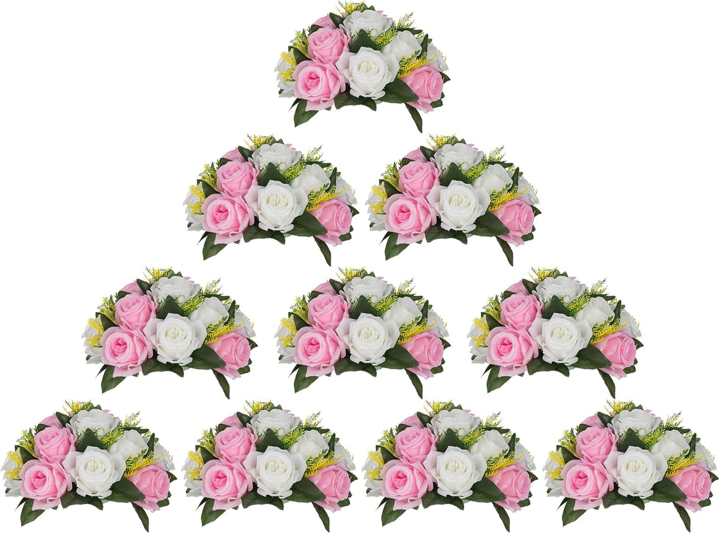 BLOSMON Flower Balls Rose Centerpieces: 10 Pcs Pink White Fake Flowers Kissing Balls Decor Artificial Wedding Floral Arrangements Silk Flower Bouquet with Base Home Party Room Table DIY Decorations