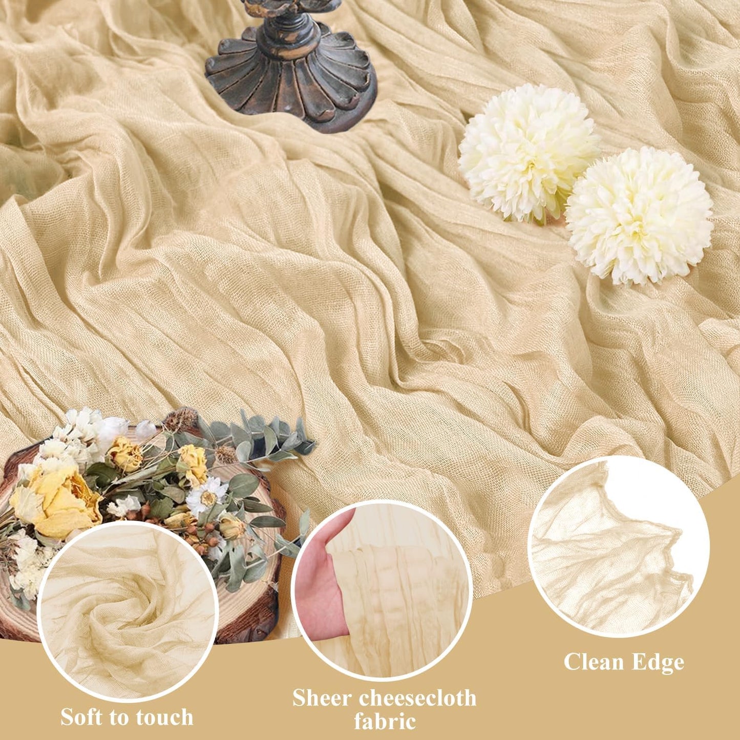 Asee'm Cheesecloth Table Runner 120 Inches Long Sand Boho Gauze Cheese Cloth Runner 10FT Rustic Sheer Fall Table Runners for Thanksgiving Wedding Party Baby Shower Decoration