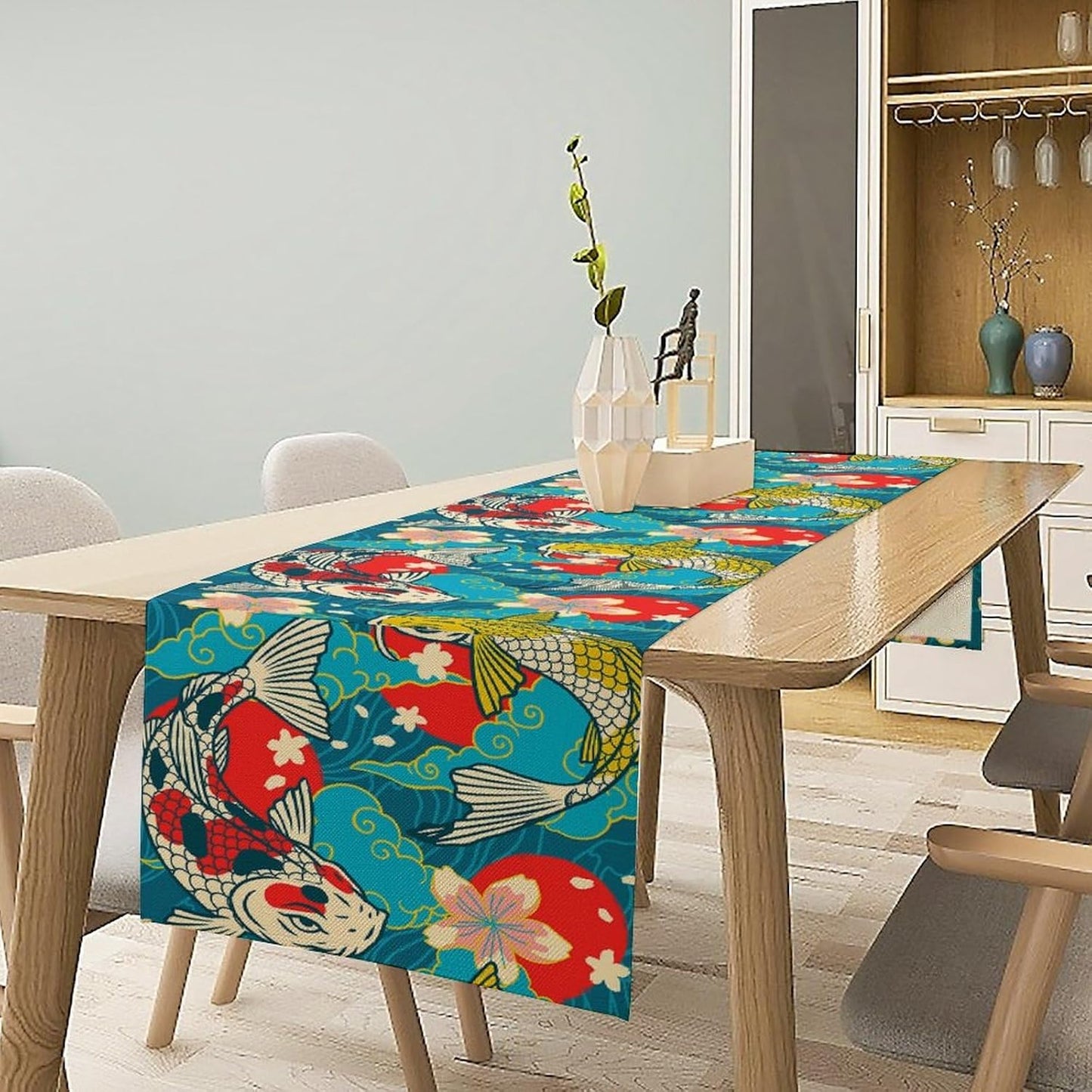 Japanese Kio Fish Table Runner Oriental Tradition Cherry Art Printed Burlap Runner Home Kitchen Dining Table Living Room Decor Fabric 1 Panel W13xL108in