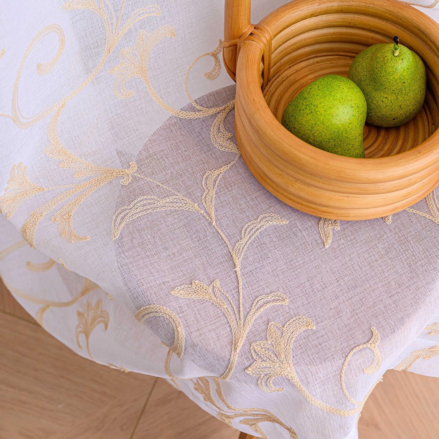 Sheer Curtains White-Beige 45 Inch Length Floral Embroidery Vintage Rod Pocket Voile Drapes for Living room, Bedroom, Window Treatments Semi Crinkle Curtain Panels for Farmhouse Set of 2, 52"x 45".