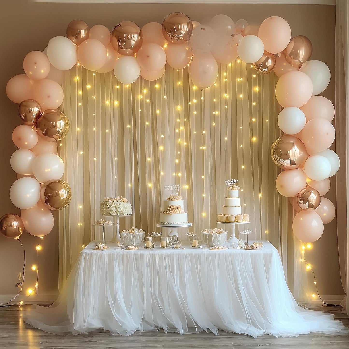 Tulle Backdrop Curtain with Lights String 10FT X 10FT Champagne Sheer Tulle Backdrop Curtains for Wedding Birthday Party Reception Photo Booth Background Decorations (2 Panels 5x10FT)
