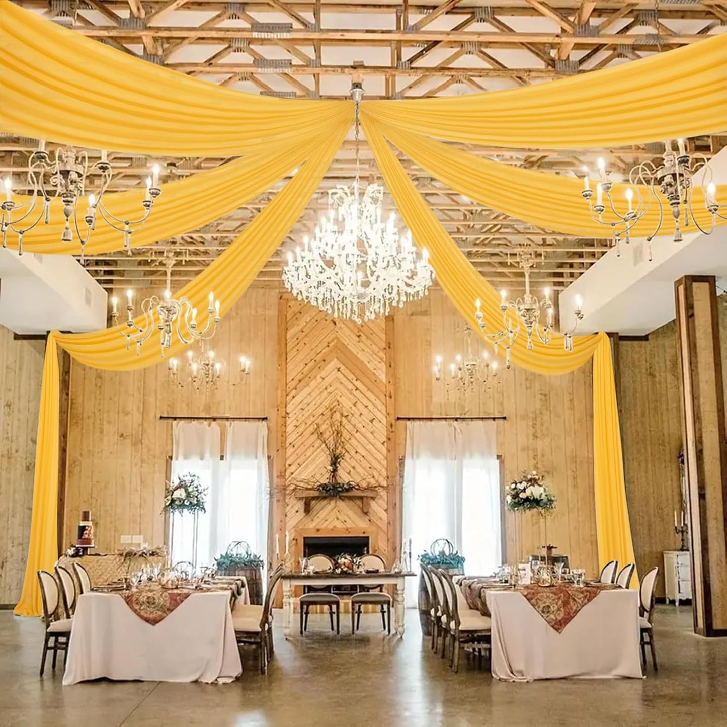 DUOBAO Chiffon Ceiling Drapes 20FT 6 Panels Gold Sheer Wedding Backdrop Curtains for Indoor Events Banquet Hall Tent Drapery Soft Draping Fabric for Arches Christmas and Photography