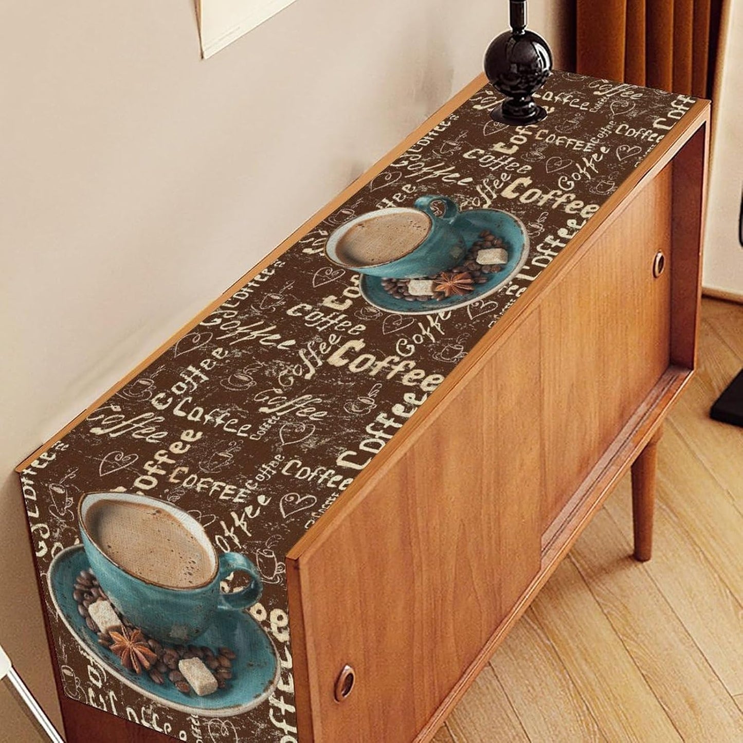 Coffee Theme Table Runner, Farmhouse Retro Brown Coffee Cup Tea Party Rustic Cafe Table Center Decor for Home Kitchen Dining Patio Holiday Party Indoor Outdoor Table Decorations,13"x108" Inch