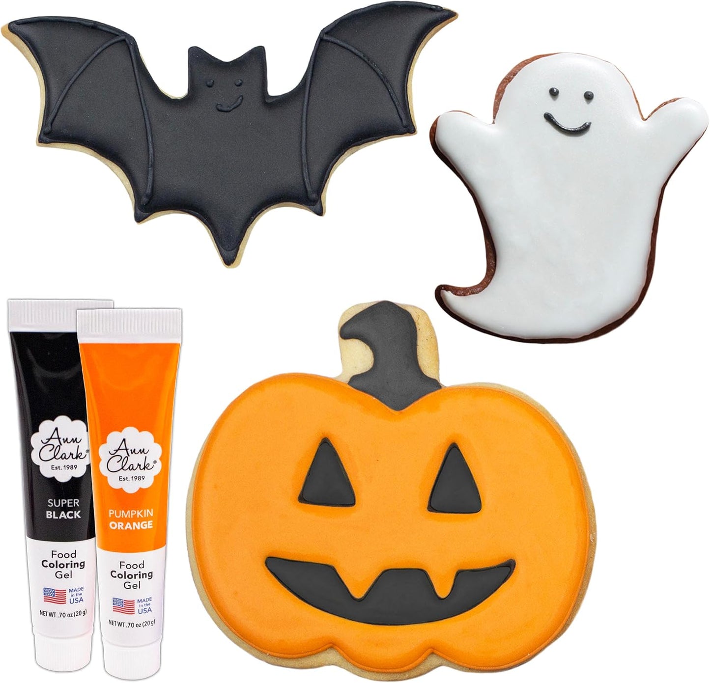 Halloween Cookie Cutters and Decorating 5-Pc. Set Made in USA by Ann Clark, Pumpkin, Ghost, Bat, Orange & Super Black Food Coloring Gel
