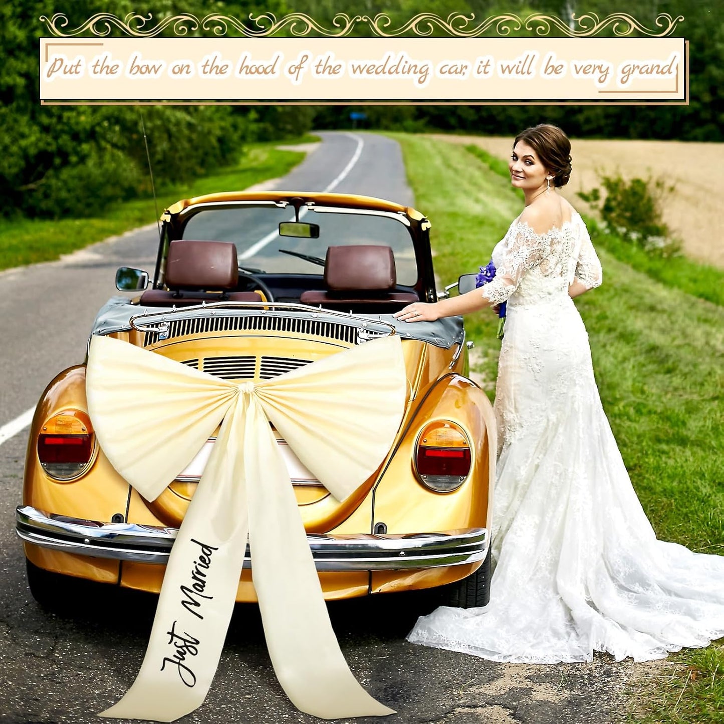 Zeyune 30 Inch Just Married Car Bow Decorations Wedding Reception & Ceremony Decor Kit Giant Ribbon Bow Automotive Decoration Accessories Ideal for Elegant Wedding Party Decor(Black Words)