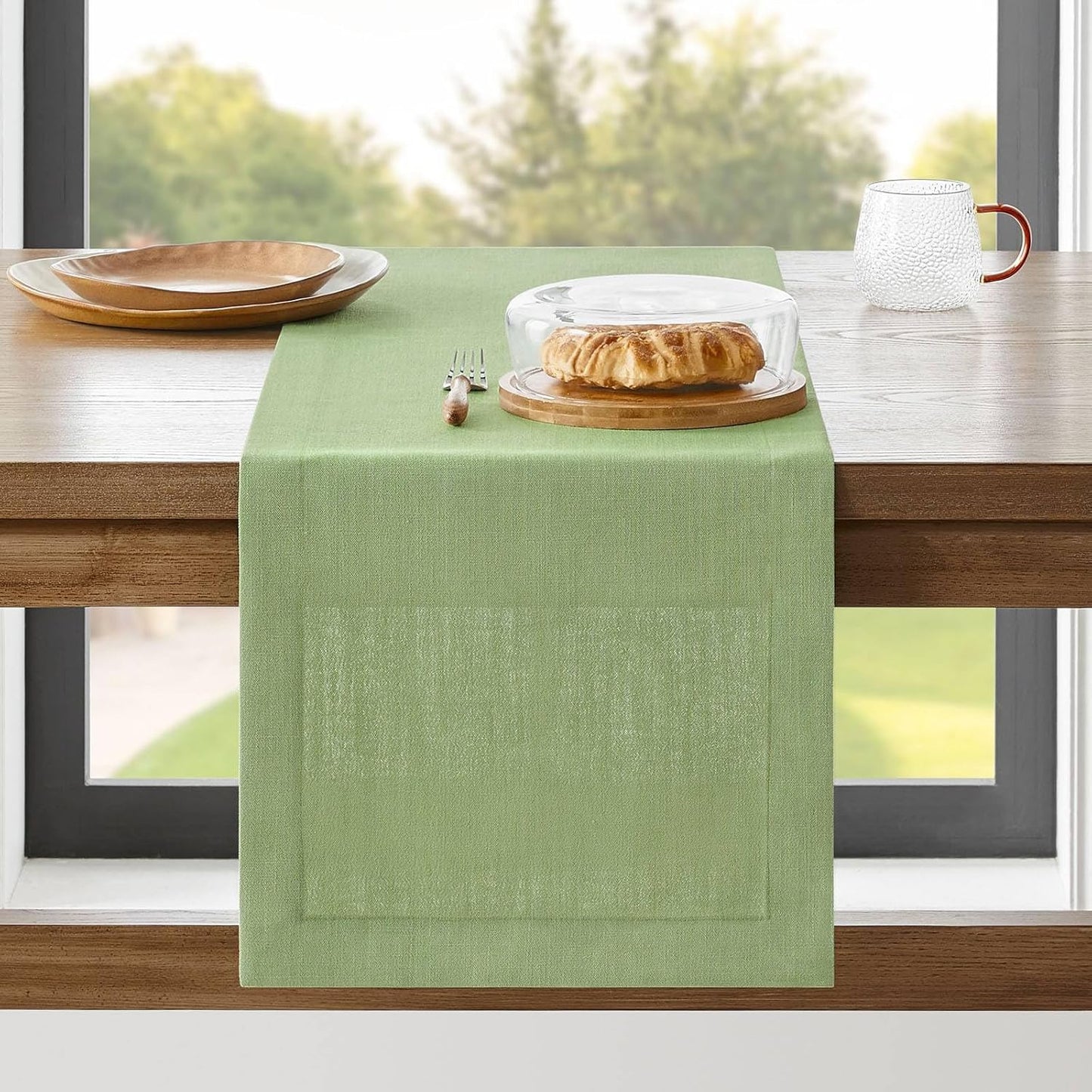 ZeeMart Linen Textured Border Table Runner, 14 x 108 Inch Green, Farmhouse Style Sage Green Table Runners 108 Inches Long, Easy Care Everyday Polyester Table Runner