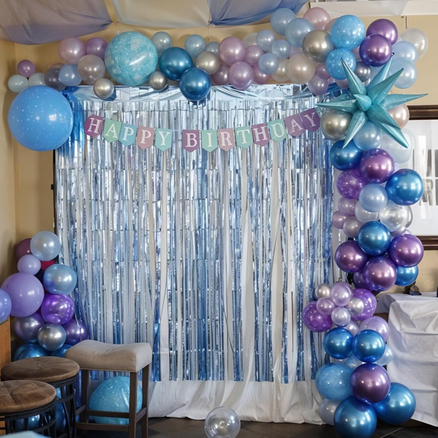 Blue And Purple Balloons, 60pcs Metallic Purple Blue Balloons, Pearl Pink Silver Confetti Balloon Snowflake Print Balloon For Girls Women Kids Birthday Baby Shower Winter Snow Theme Party Wedding