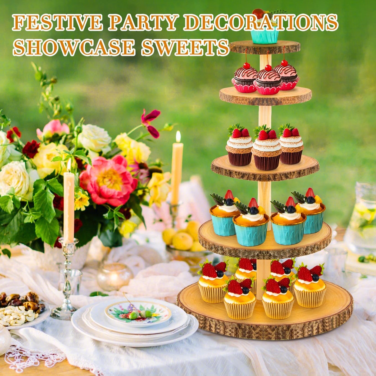 5-Tier Rustic Wooden Cupcake Stand - Large Capacity Display Stand for Woodland Baby Showers, Weddings, Birthdays, Parties, and Farmhouse Decor.