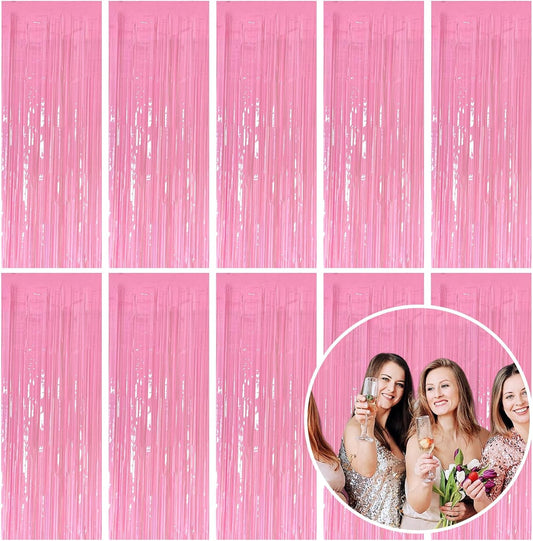 10 Pack Foil Curtain Pink Backdrop Streamers Metallic Tinsel Fringe Curtains Photo Booth Props for Birthday Wedding Engagement Bachelorette Christmas Holiday Celebration Party Decorations