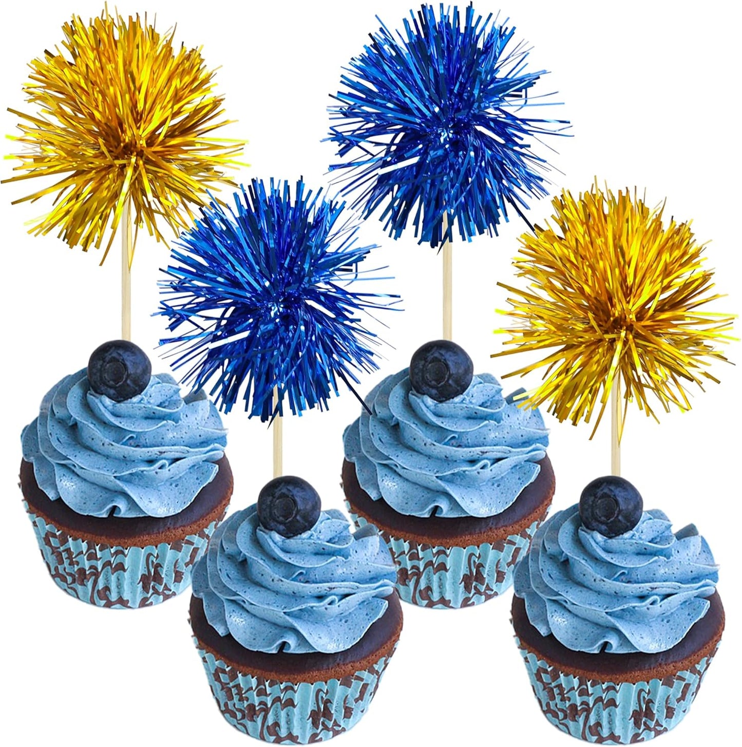 Gyufise 30Pcs Foil Firework Cupcake Toppers Sparkle Tinsel Cake Toppers Tinsel Drink Cake Decoration Cocktail Picks for Birthday Wedding Graduation Party Supplies Gold Dark Blue