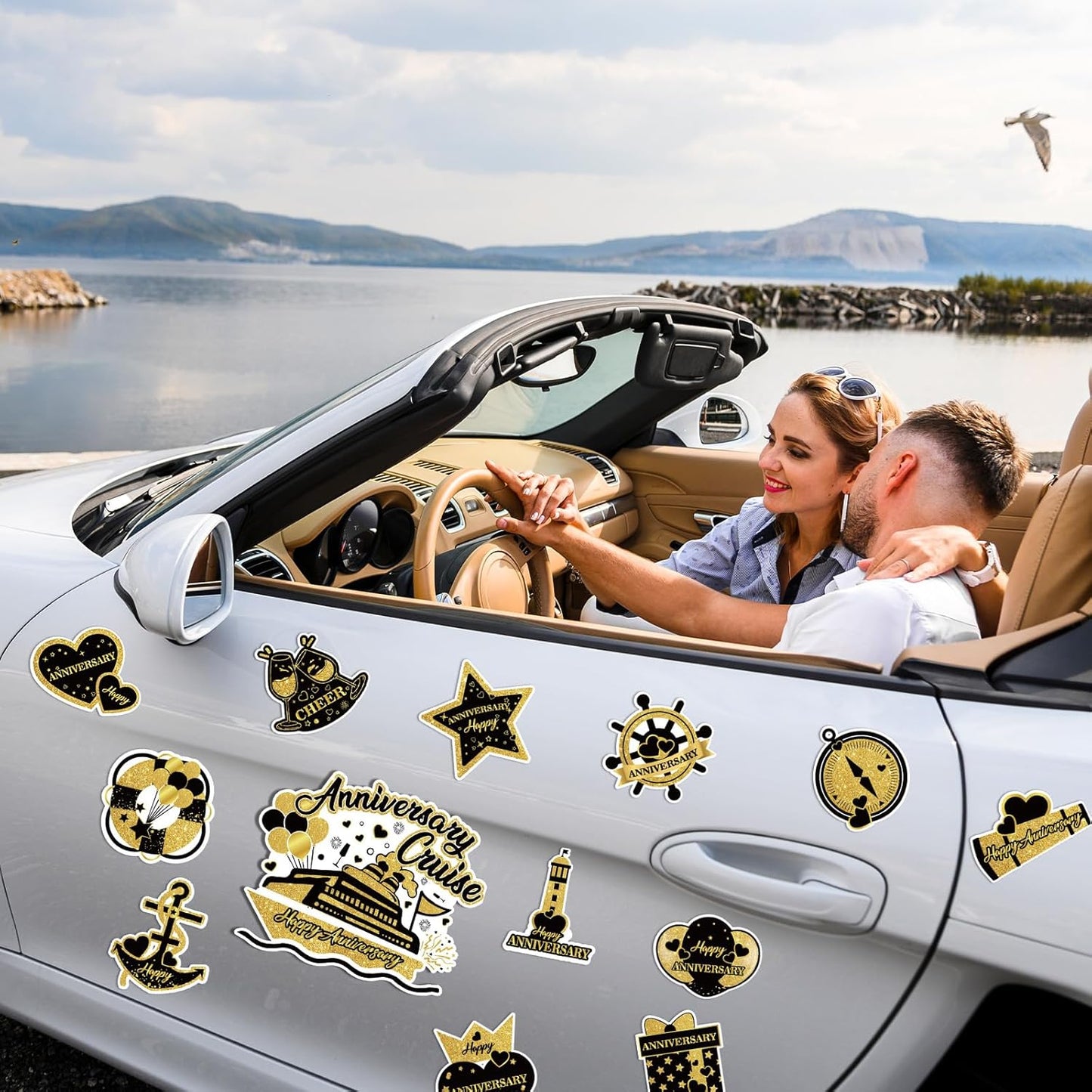 Happy Anniversary Cruise Door Magnets Decorations, Black Gold Happy Anniversary Cruise Ship Door Decor Magnetic for Married Men Women Wedding Party Fridge Refrigerator Car Kitchen Garage Personalized