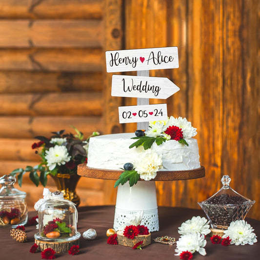 Personalized Rustic Wedding Cake Topper in Wood Custom Bride & Groom Names Initials Wedding Date Cake Decoration (Birch White)