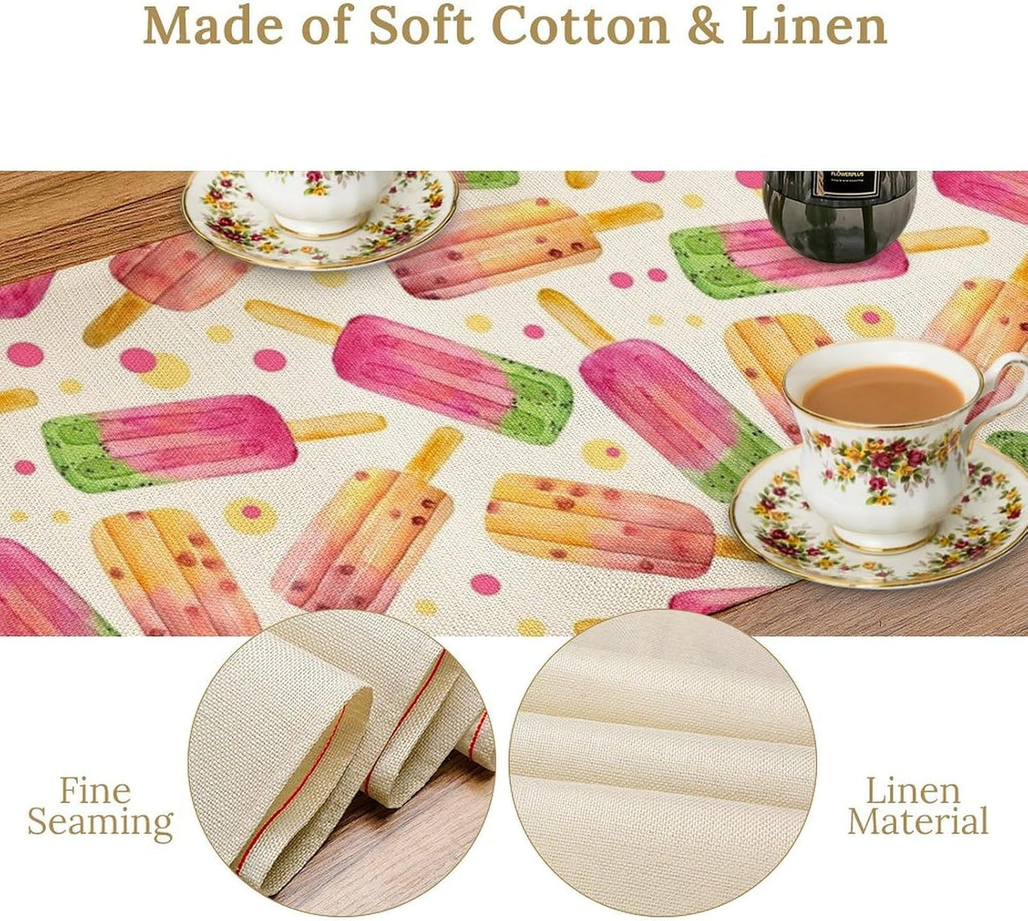 Ice Cream Popsicles Table Runner, Watercolor Summer Seasonal Fruit Peach Kiwi Berry Popsicles Orange Pink Sweet Dessert Dinner Runner for Party Holiday Home Kitchen Dining Table Decor 13"x36"