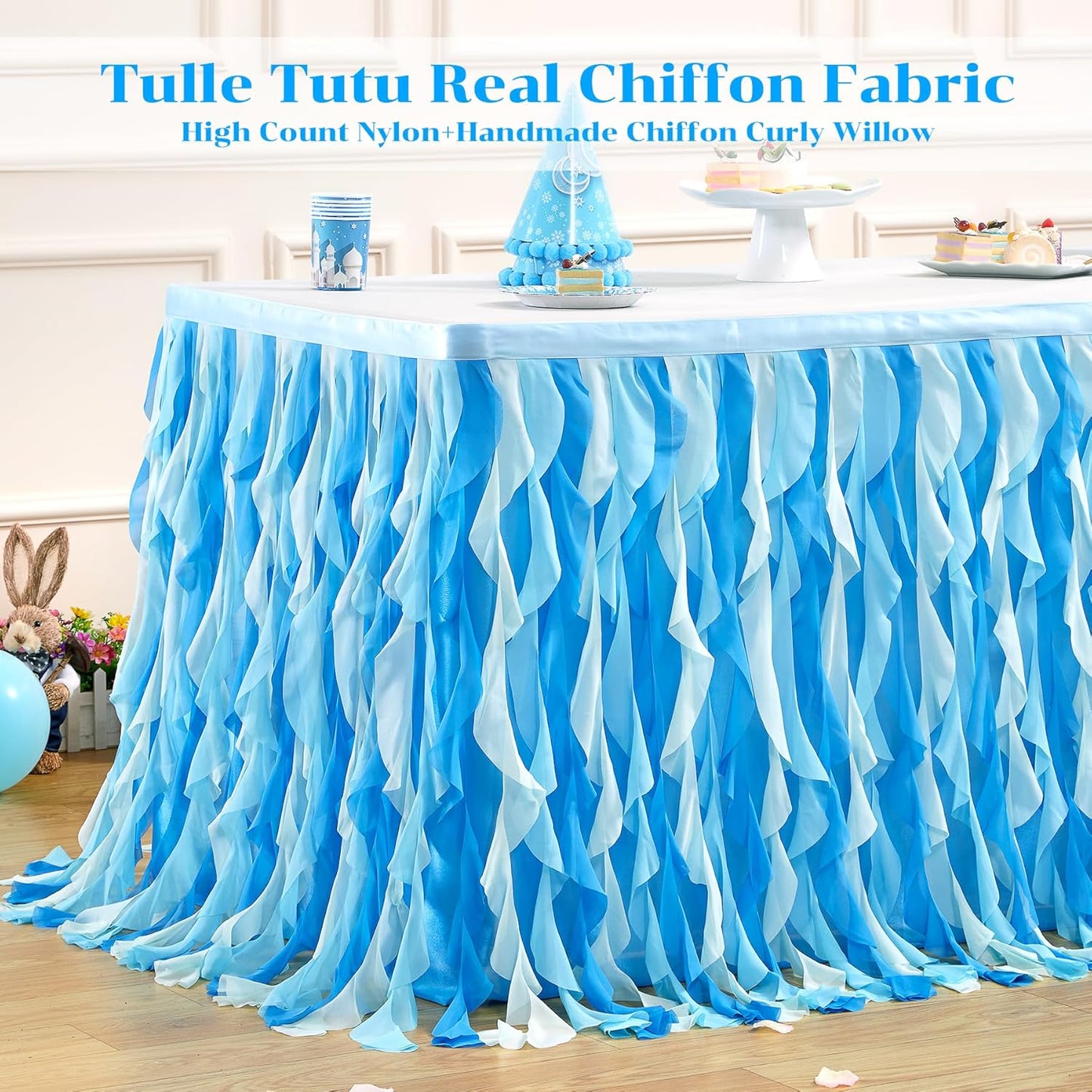 Partisky Ocean Blue Tulle Tutu Ruffle Curly Willow Table Skirt for Rectangle Table 9ft,Under The Sea Baby Shark Themed Table Cloth for Boys Girls Birthday Party or Baby Shower