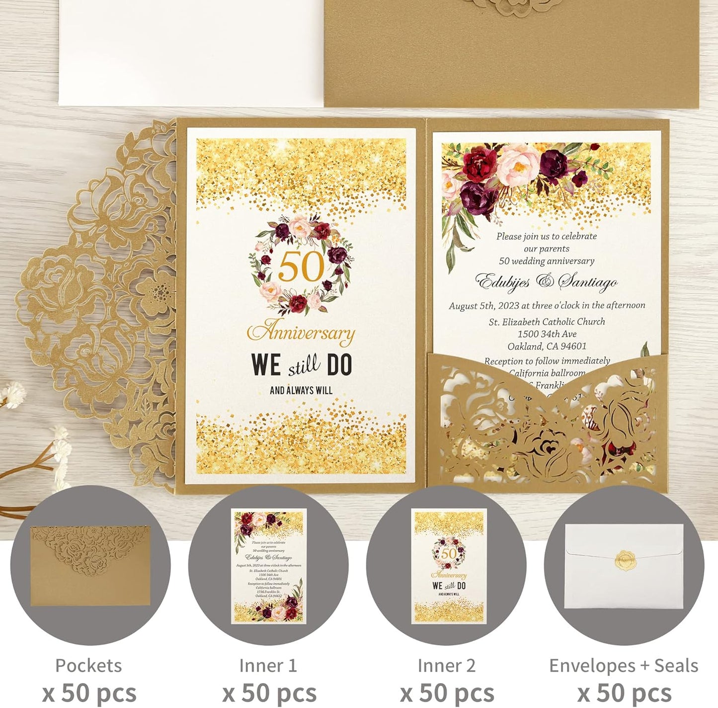DORIS HOME 50pcs Laser Cut Wedding Invitations with Envelopes Gold, 4.7x7.1 Personalized Invitation Cards for Wedding, 50 Anniversary Invitations with Envelopes