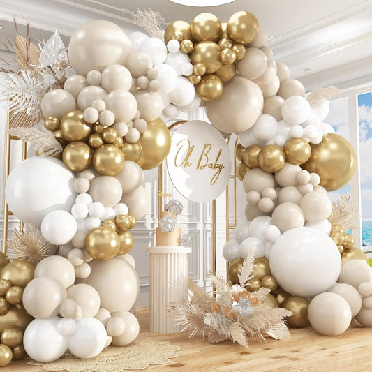 412pcs Sand White Gold Balloon Arch Kit, 18 12 10 5 Inch Different Size White Metallic Gold Latex Balloon for Boho Neutral Baby Shower Wedding Bridal Shower Birthday Decorations