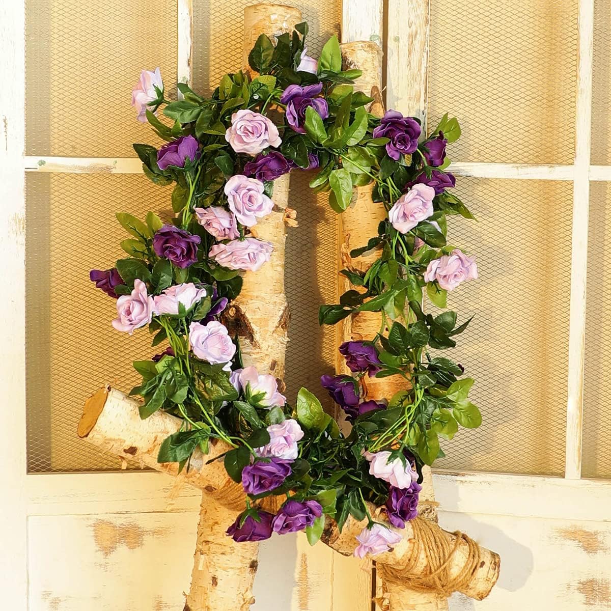 Veryhome 3PCS 23.7FT Artificial Purple Rose Flower Garland, Silk Hanging Floral Garland, Decorative Flower Vines for Room Decor Wedding Arch Flowers for Ceremony (Purple)