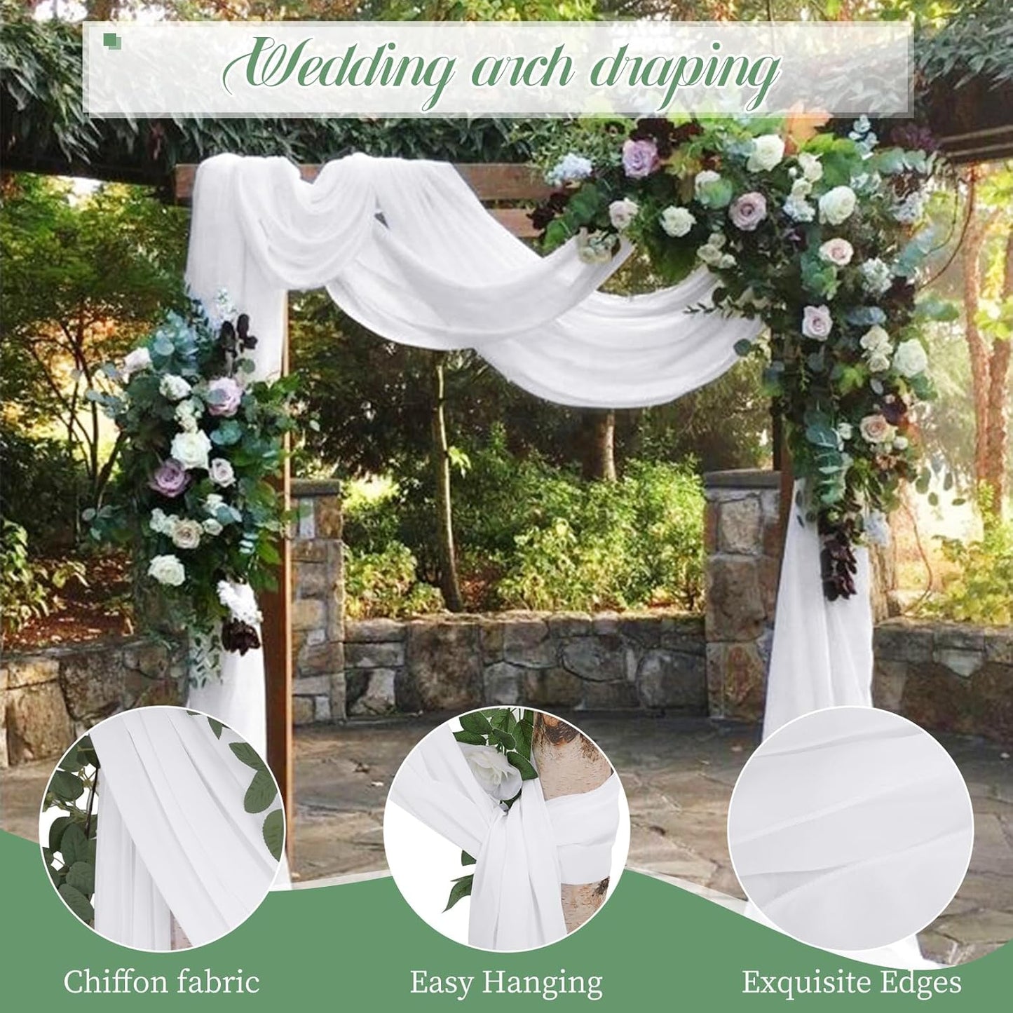 4 Panels White Polyester Wedding Arch Draping Fabric, 28x20 feet Each, Sheer Chiffon Curtain Arbor Drapery Ceiling Drapes for Party Decor