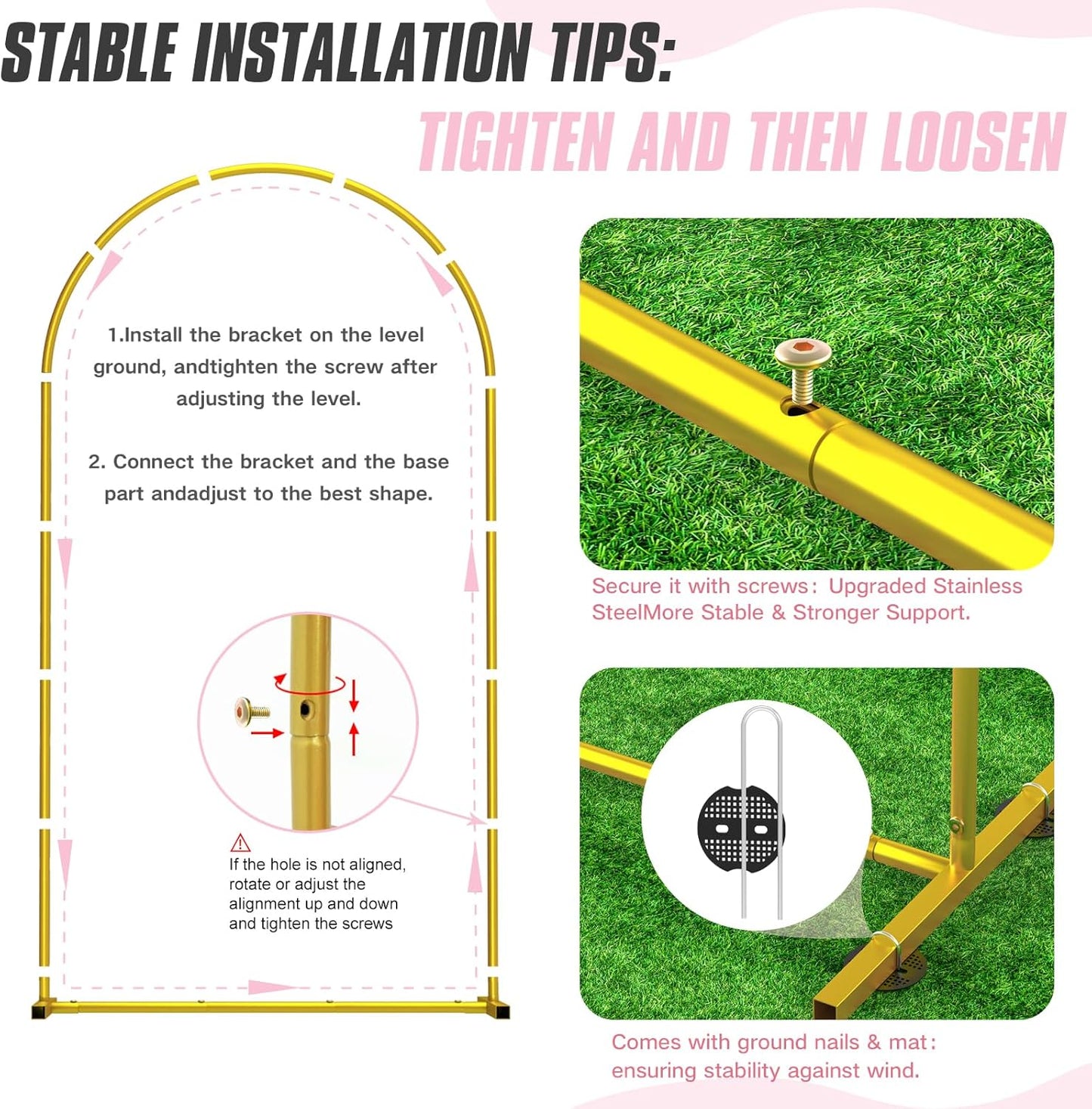 Metal Arch Backdrop Stand ,Set of 3 (7.2 ft/6.6 ft/6 ft) Square Wedding Arch Frame ，Gold Balloon Arch Stand for Wedding/ Birthday Party/ Baby Shower/ Graduation Ceremony Banquet Decoration