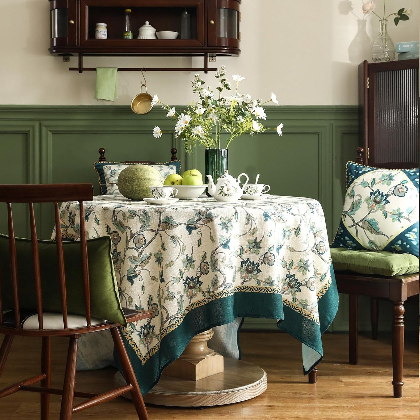 patdrea Designer Green Small Square Table Cloth,Vintage Floral Linen Durable Breathable French Tablecloth,Dacorative Cover for Kitchen Dining,Christmas,Thanksgiving,Tea Party,55"x55"-Noah