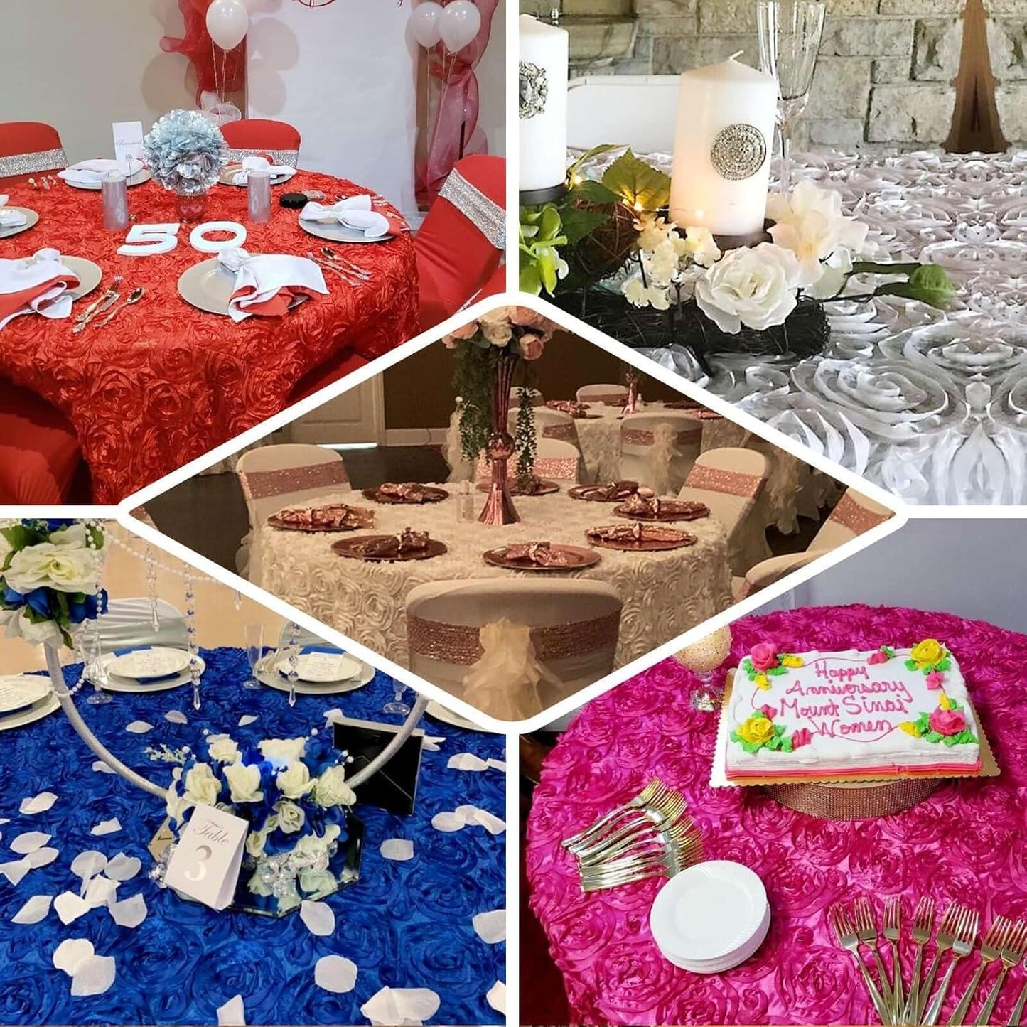 Efavormart 120" Wholesale Round Table Cover RED Grandiose Rosette 3D Satin Tablecloth for Wedding Party Event Decoration