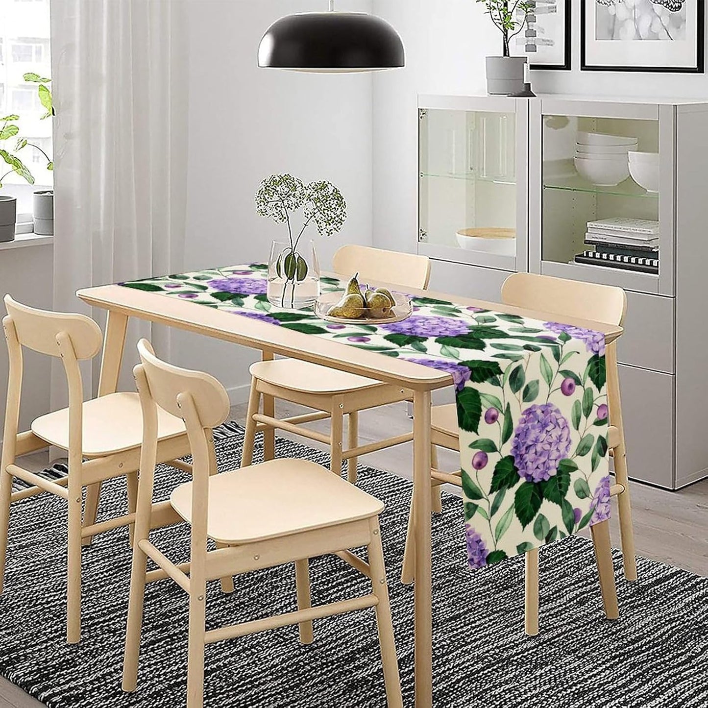 Spring Hydrangea Flower Table Runner, Seasonal Summer Plants Eucalyptus Leaves Purple Florals Dinner Runner for Home Kitchen Dining Table Party Holiday Decoration 13"x60"