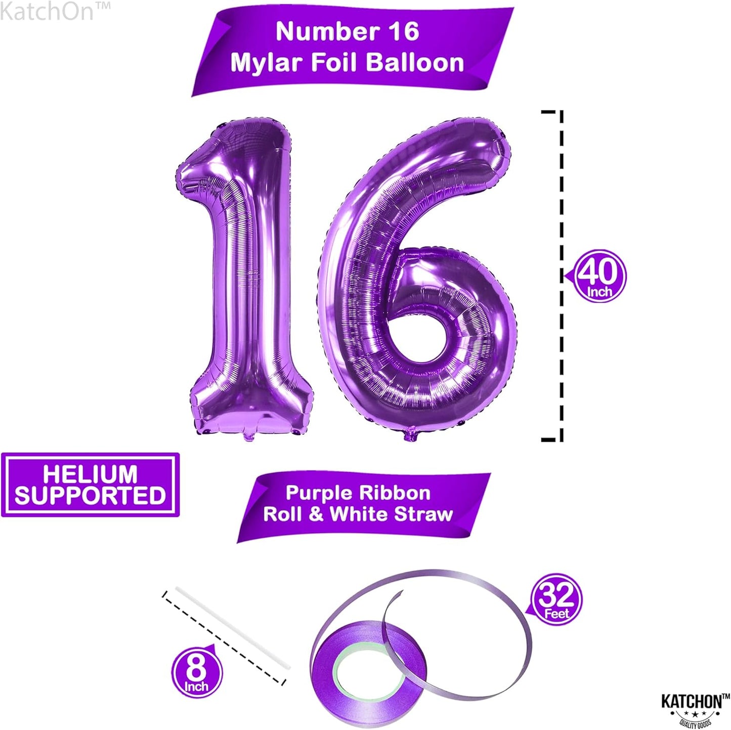 KatchOn, Purple 16 Balloons Number - Giant, 40 Inch | Mylar 16 Balloon Numbers Purple for Sweet 16 Party Decorations Purple | Sweet 16th Birthday Decorations for Girls | Purple Sweet 16 Decorations