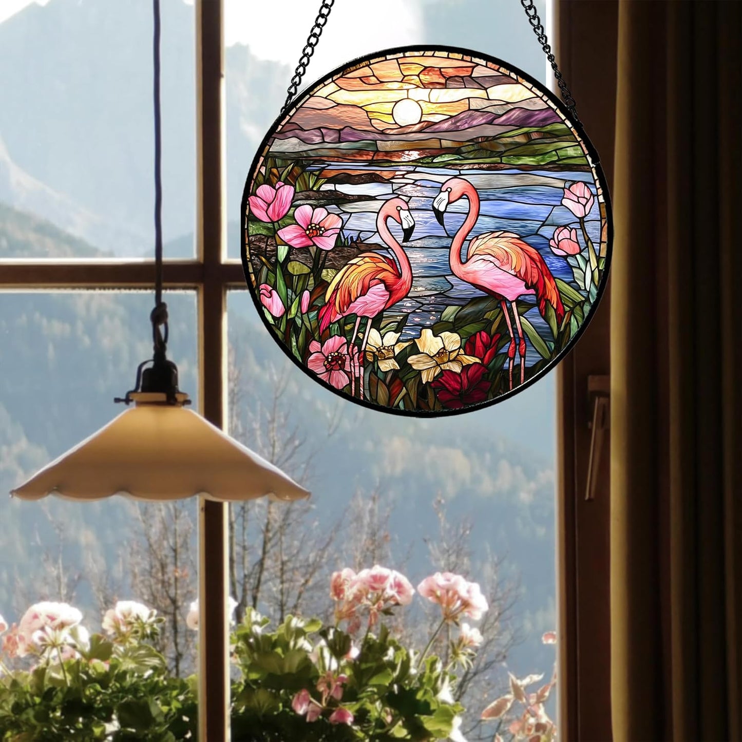 Stained Glass Window Hanging - Flamingo Wildflowers Landscape Suncatcher for Door Terrace Garden Home Decor Sunset Lake Sun Catcher Birthday Gifts for Lovers Women Men Dad Mom Nana 6.3 in