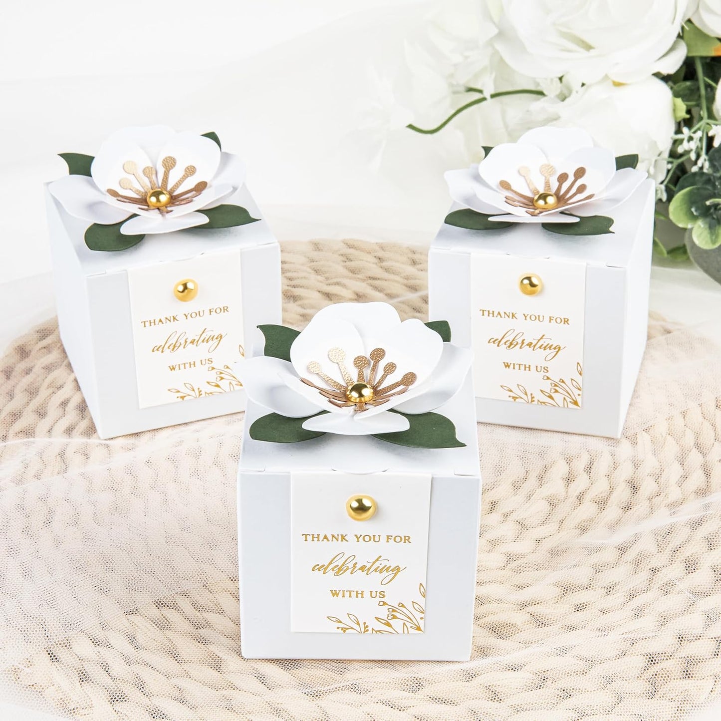 FEIYI 20 PCS Favor Boxes, 3 In 1 White Candy Boxes with Floral Decor, White Thank You Tags Gold Foil Print Gift wrapping for Wedding, Baby Shower, Birthday, Decorations Party - 2.55x2.55x2.55
