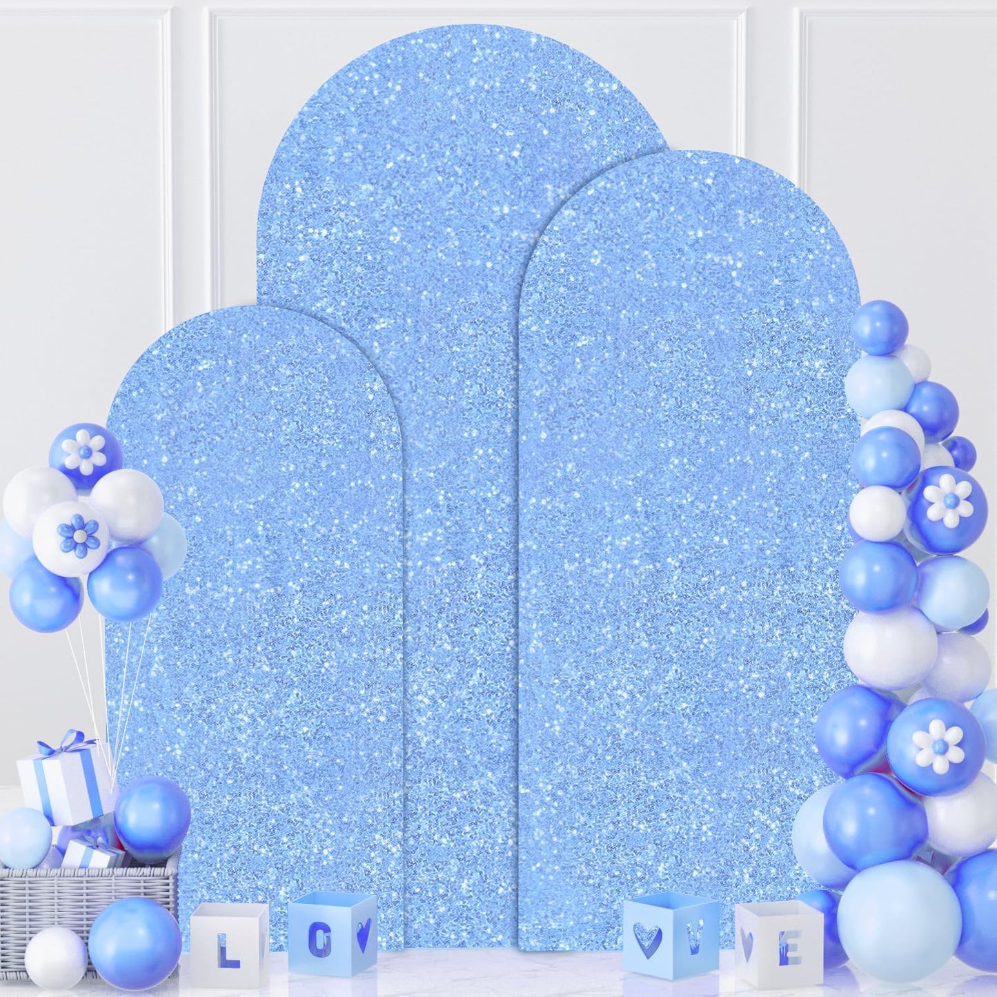 MODFUNS Arch Backdrop Stand with Cover 6&6.6&7.2ft Light Blue Sequins Arch Backdrop Cover Set of 3 Metal Arch Stand Double Sided Glitter Arch Covers for Wedding Ceremony Banquet Party Decoration