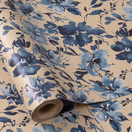 RUSPEPA Blue Floral Gift Wrapping Paper, Indigo Gift Wrap, Watercolor Flower Kraft Paper Roll, Mini Roll Wrapping Paper for Girls, Women, Spring and Birthday, 17 in x 32.8 ft
