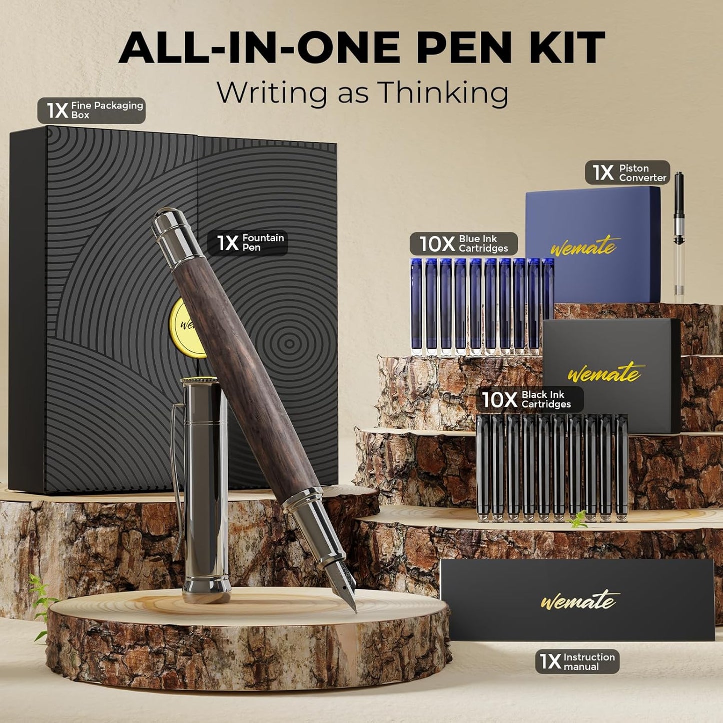 WEMATE Fountain Pen Set, Fine Nib, 20 Ink Cartridges(10 Black&10 Blue), 1 Ink Converter, Smooth Writing, No Skips, Nice Gift for Men, Women, Cool Wood Fountain Pen for Writing, Calligraphy