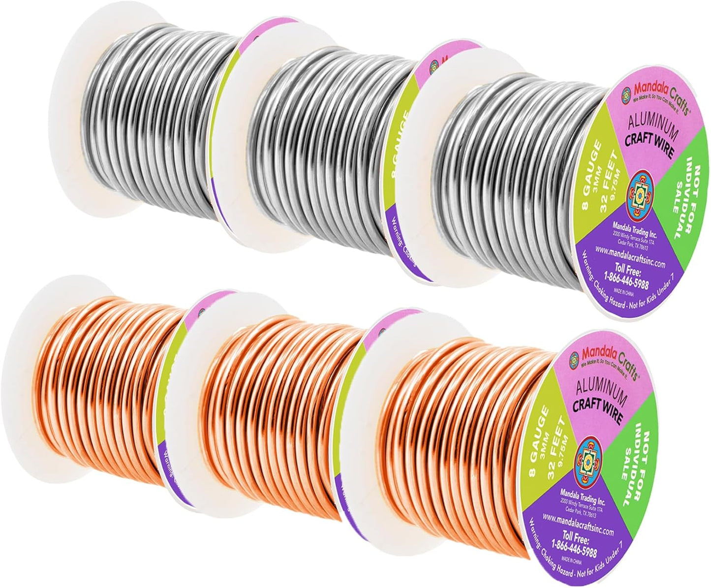 Mandala Crafts 8 Gauge Anodized Aluminum Craft Wire for Jewelry Making - 120 FT Colored Flexible Silver Copper Tone Wire - Bendable for Bonsai Armature Crafting Sculpting