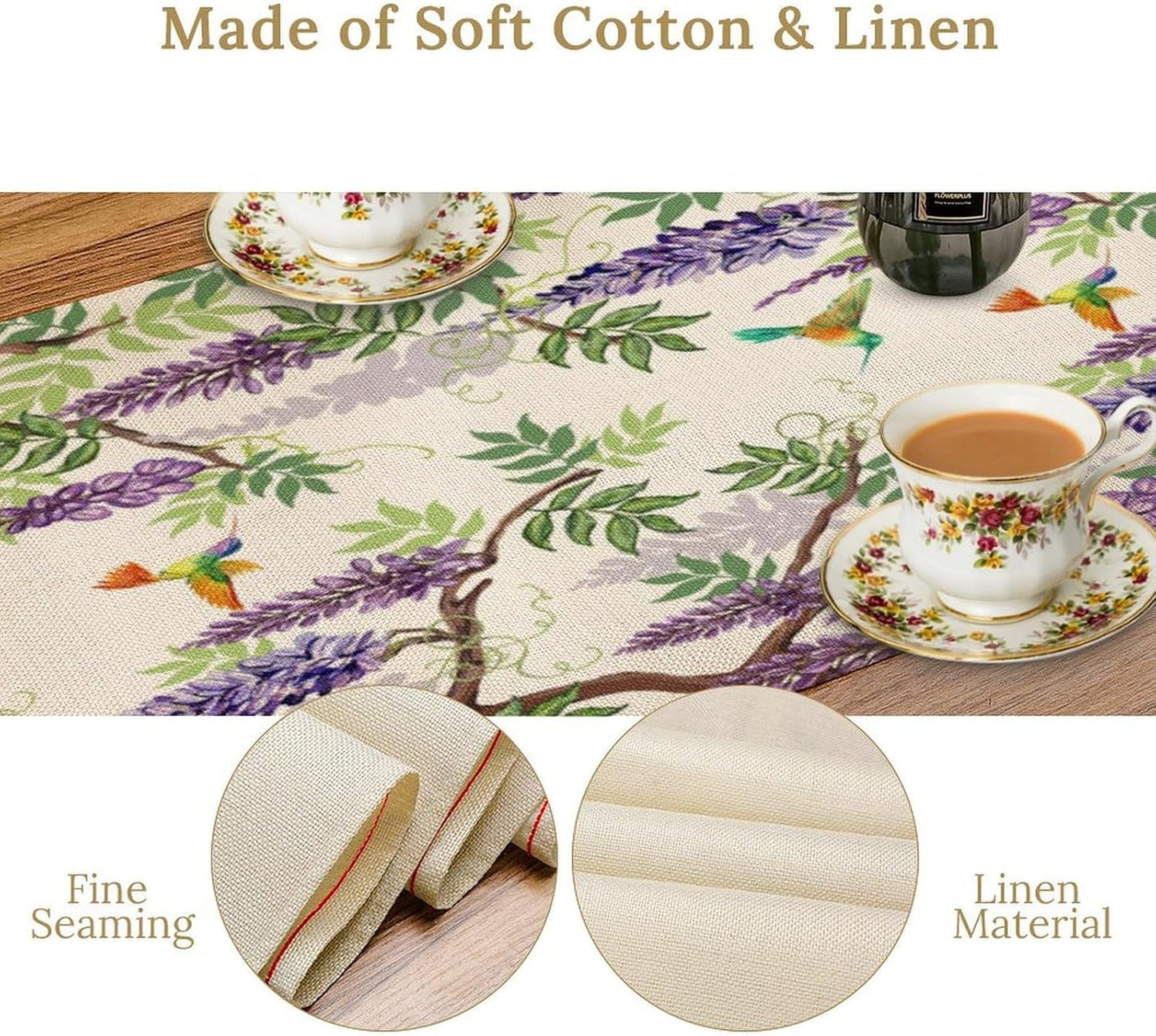 Vintage Bird Flower Table Runner Seasonal Spring Purple Wisteria Garden Plants Lavender Florals Farmhouse Country Kitchen Dinner Runner Dining Table Decoration for Home Party Holiday 13"x60"