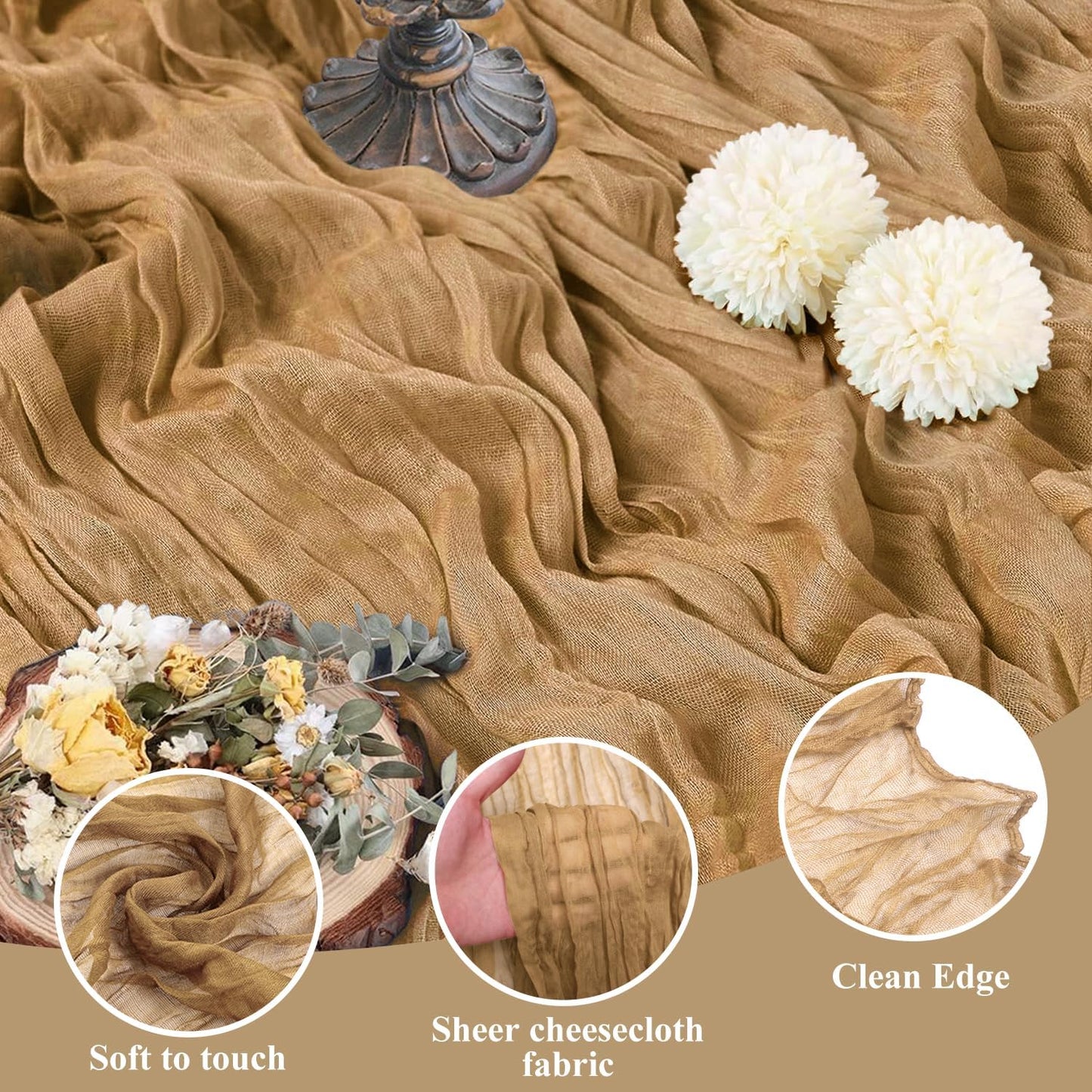 Asee'm 2pcs Cheesecloth Table Runner 120 Inches Long Khaki Boho Gauze Cheese Cloth Runner 10FT Rustic Sheer Table Runners for Christmas Wedding Party Baby Shower Spring Easter Decoration