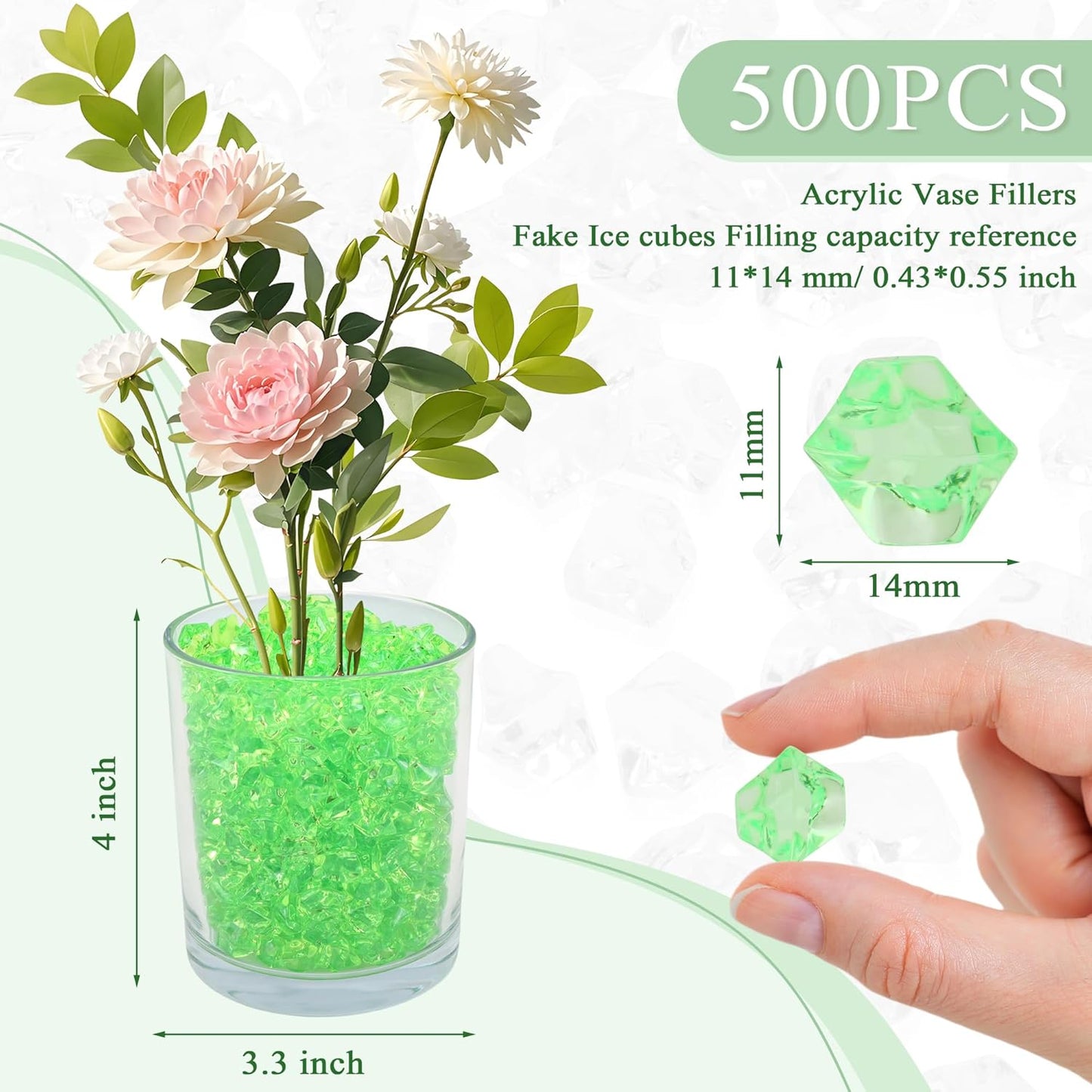 YATOJUZI 500pcs Fake Ice Cubes Green Acrylic Crushed Rocks Vase Fillers Plastic Diamonds Gems for DIY Party Wedding Centerpiece Table Scatter Prop Display 0.5" (Only Green)