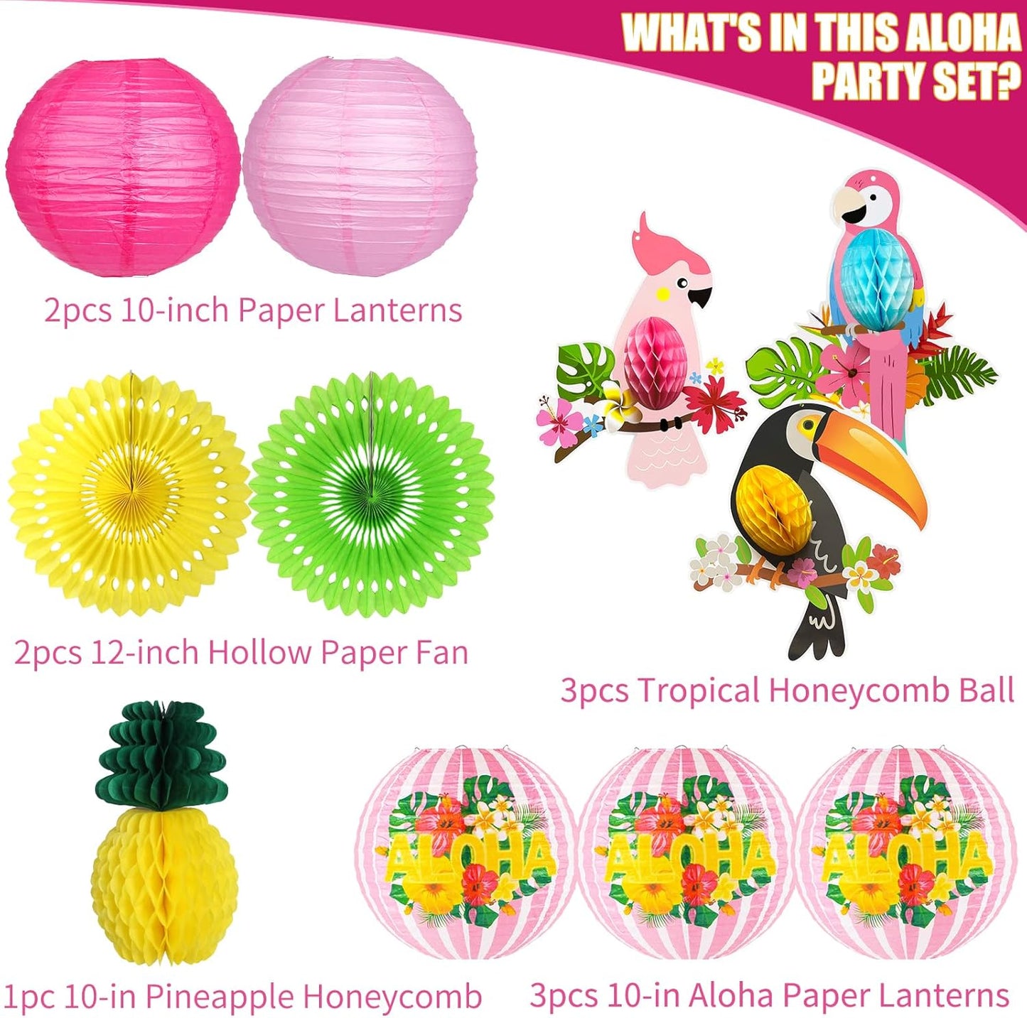 Luau Party Decorations, Aloha Paper Lanterns Tropical Parrot Birds Tissue Paper Fans Pineapple Honeycomb Decorations for Beach Pool Flamingo Moana Birthday Party Supplies