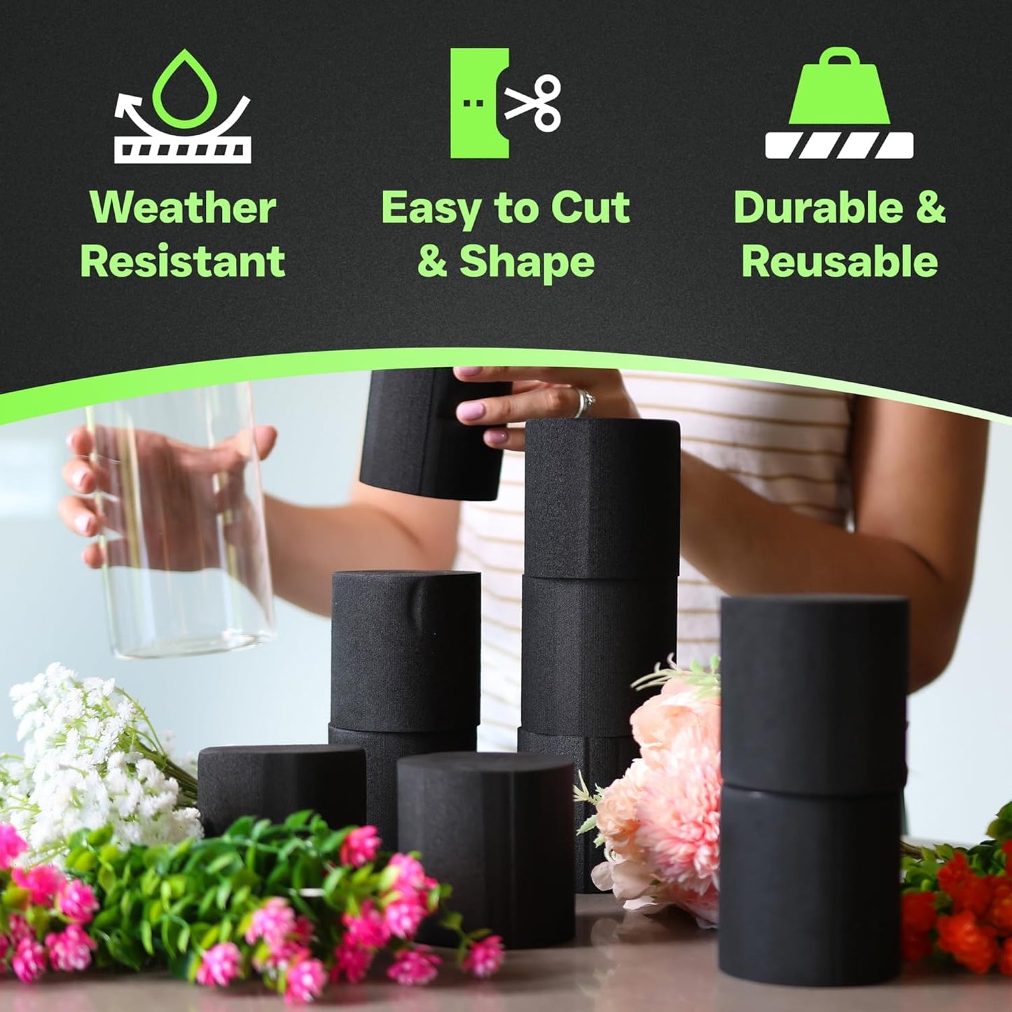 XCEL Floral Foam Blocks - Reusable, Weather Resistant Foam - Perfect for Fresh & Artificial Flower Arrangements, Crafts, Planter Boxes, Home Decor & More - 10-Pk, Black (3” x 3”, Round)