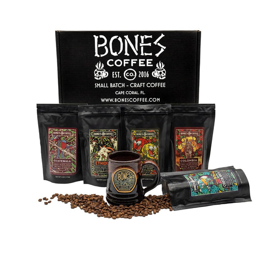 Bones Coffee Company NEW World Tour Sample Pack Box Set with Specialty Coffee Mug, 5 Assorted Single-Origin Low Acid Medium Roast Arabica Beans Flavored Coffee Gifts, 4 oz Pack of 5 Whole Bean